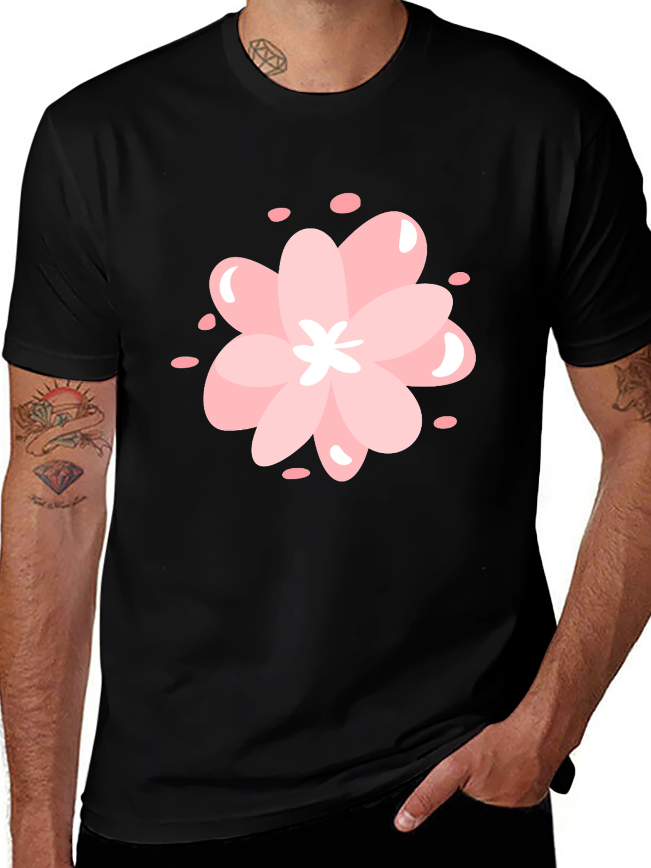Pink Cherry Blossom Graphic Black T-Shirt