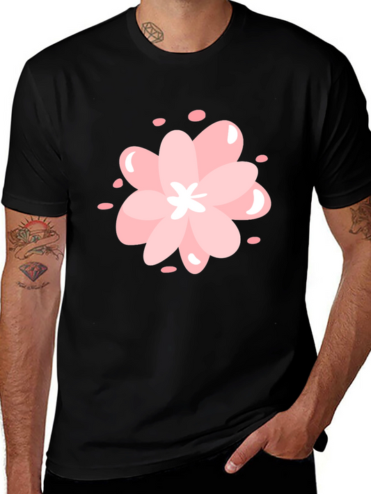 Pink Cherry Blossom Graphic Black T-Shirt