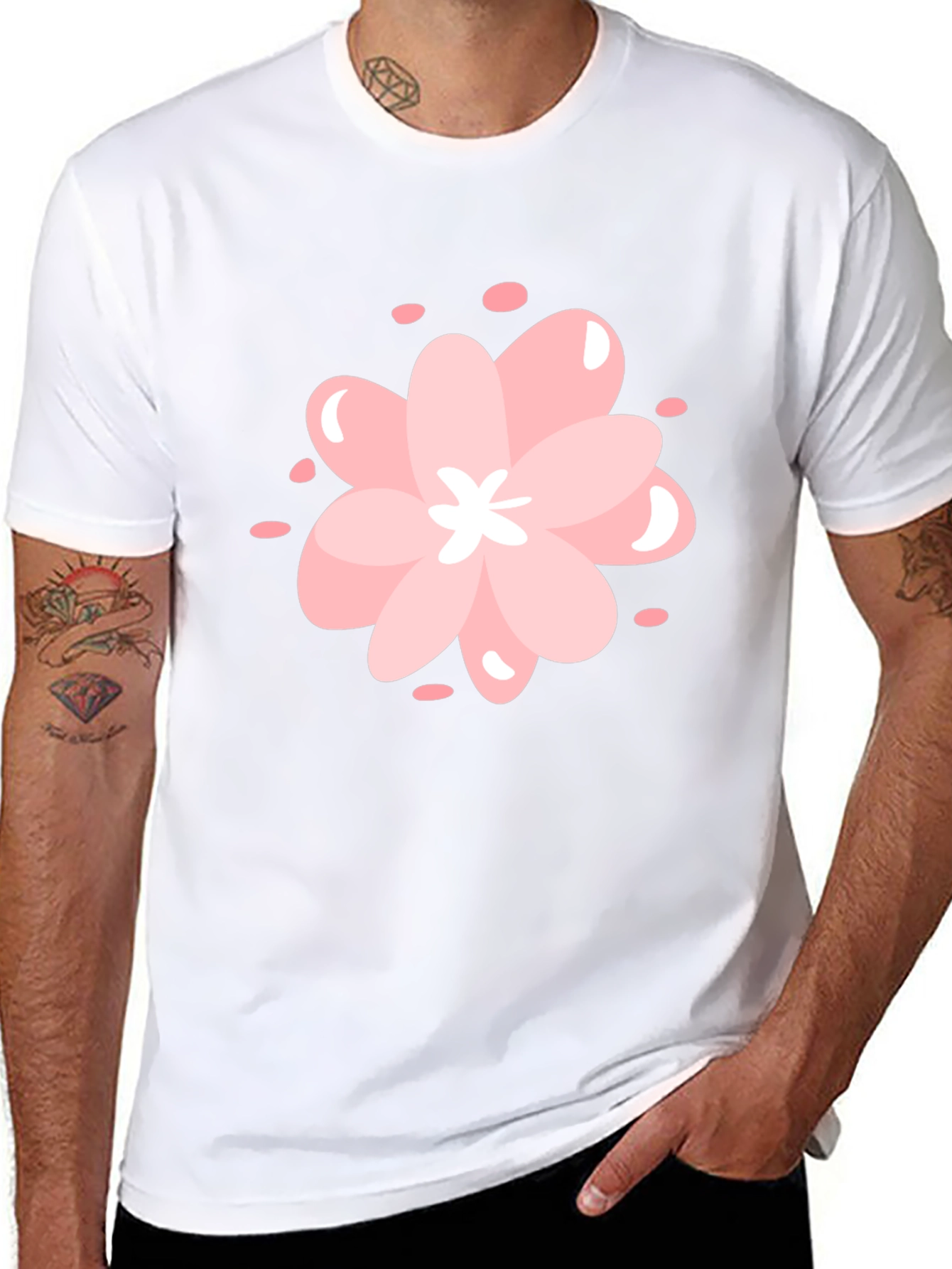 Pink Cherry Blossom Graphic Black T-Shirt