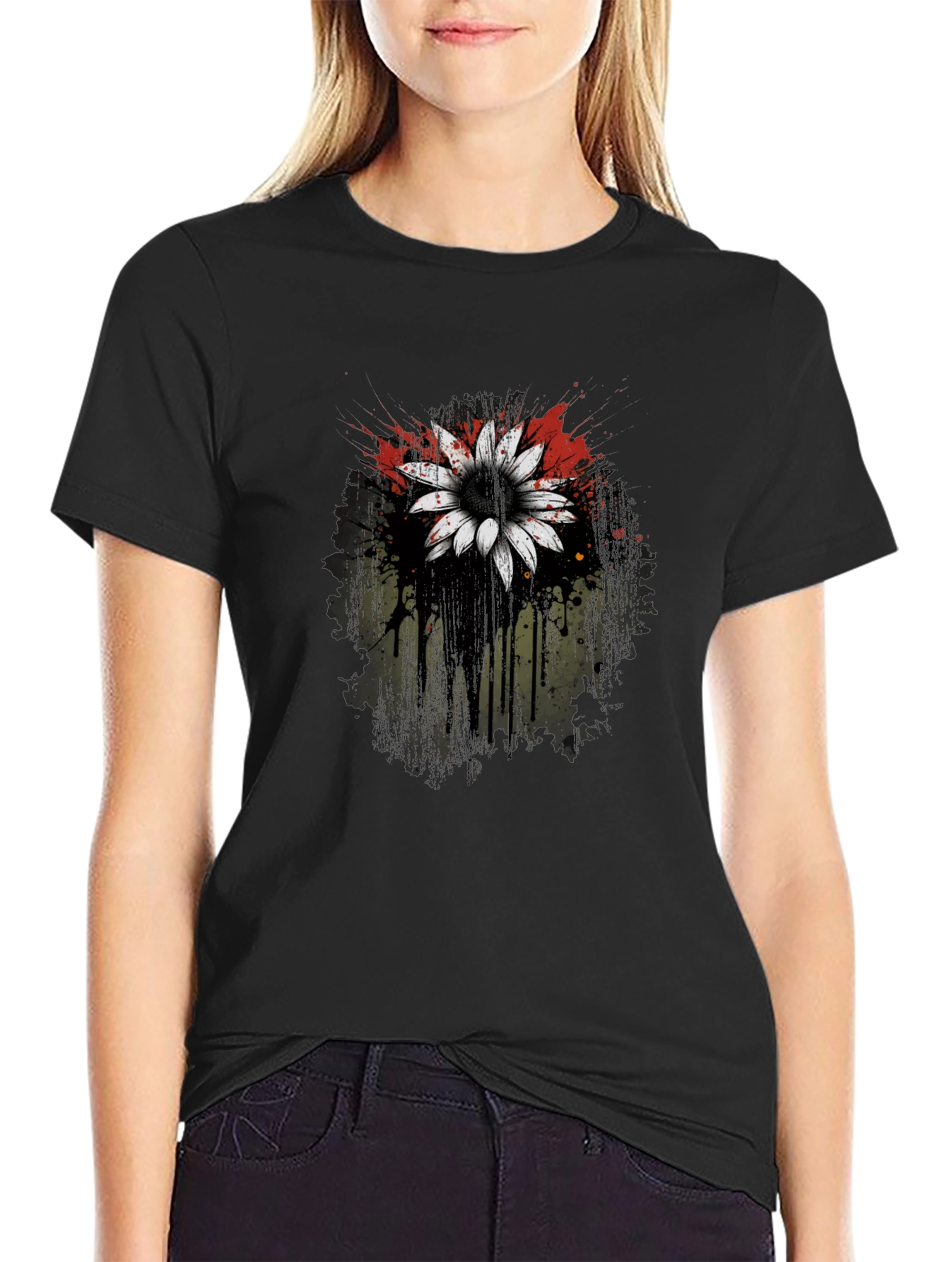 Black T-Shirt with Flower Graphic Print