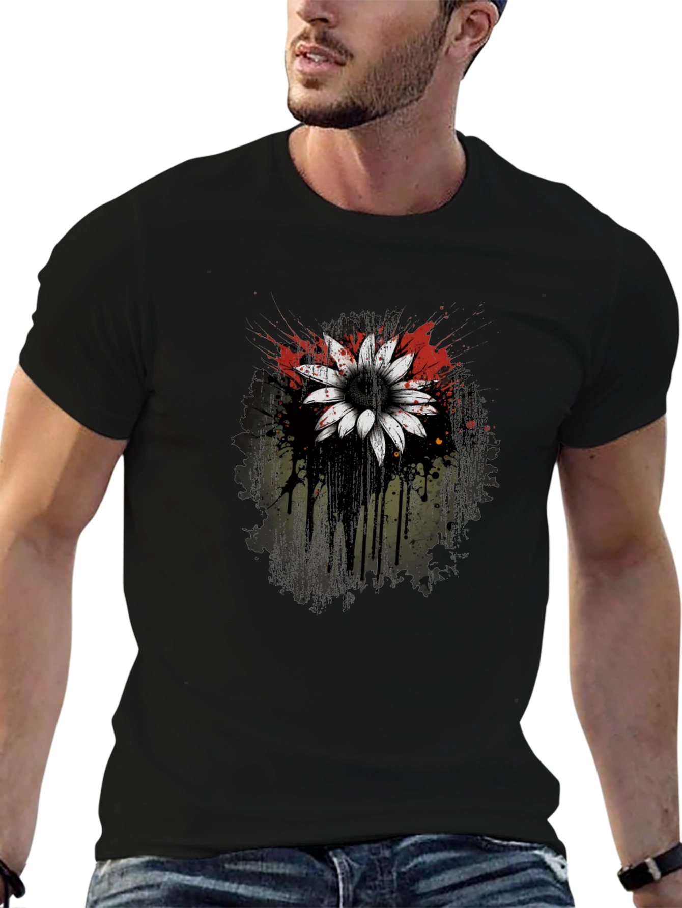 Black T-Shirt with Flower Graphic Print