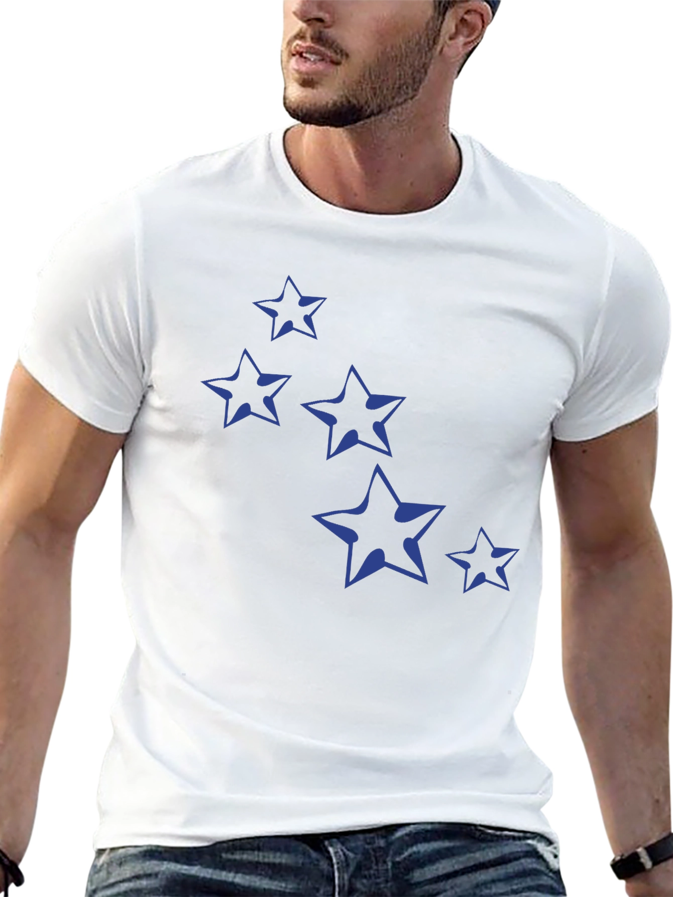 Navy Star Print Black Cotton T-Shirt