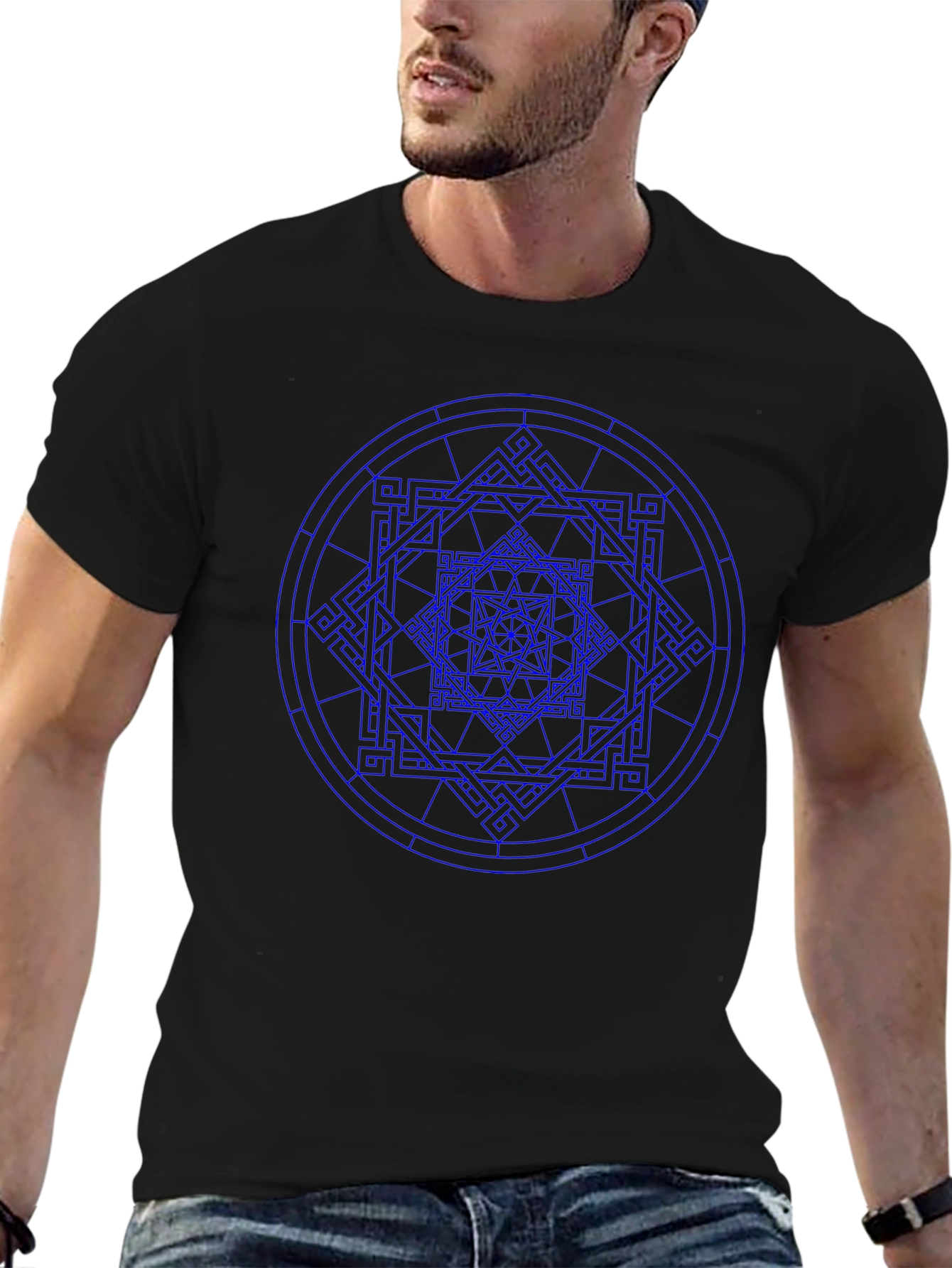 Geometric Blue Print Black T-Shirt