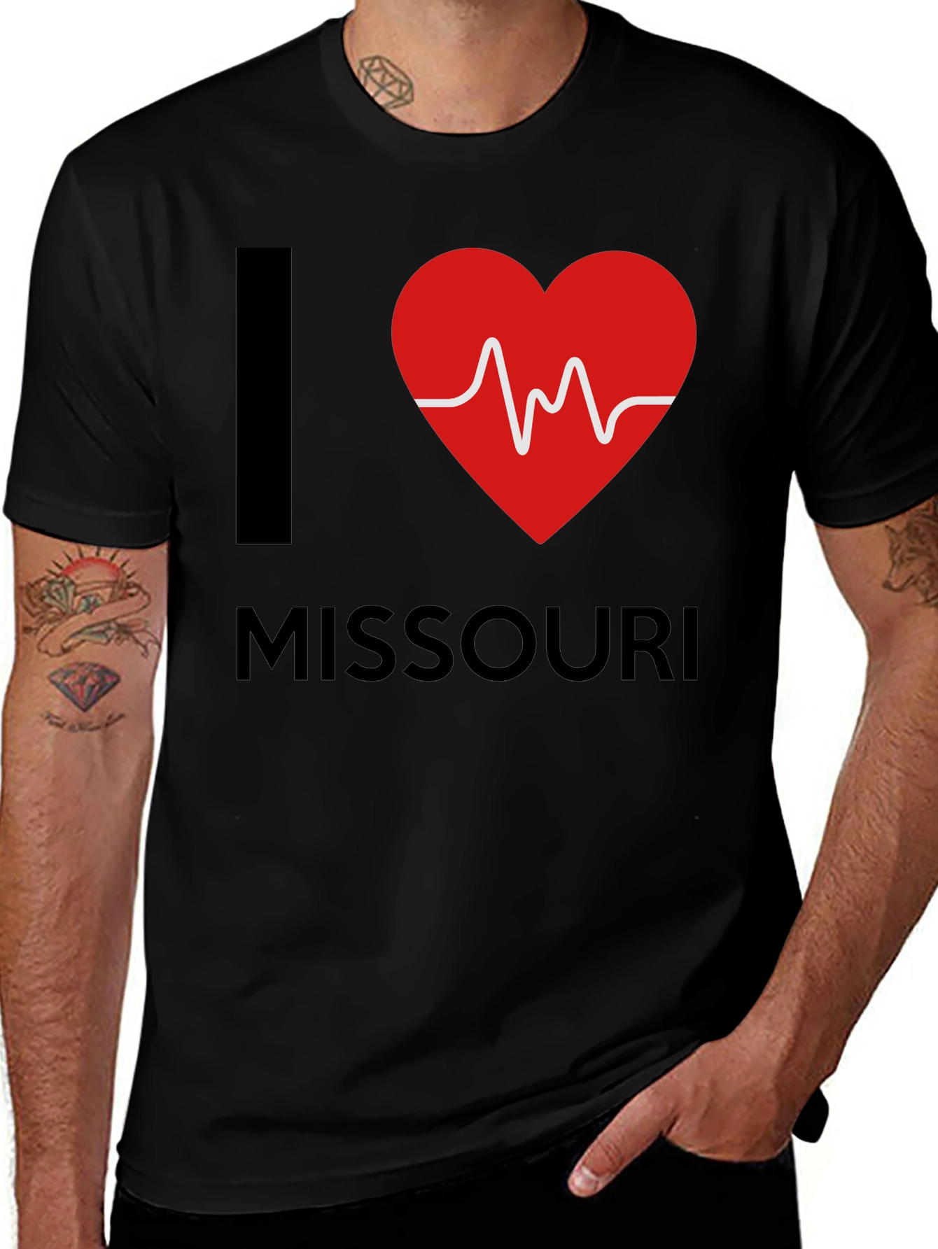 I Love Missouri T-Shirt Heartbeat Design Black Cotton Tee