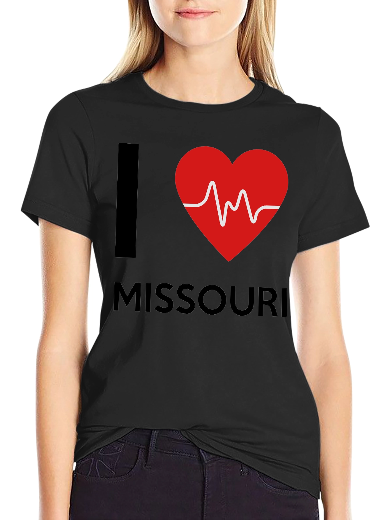 I Love Missouri T-Shirt Heartbeat Design Black Cotton Tee