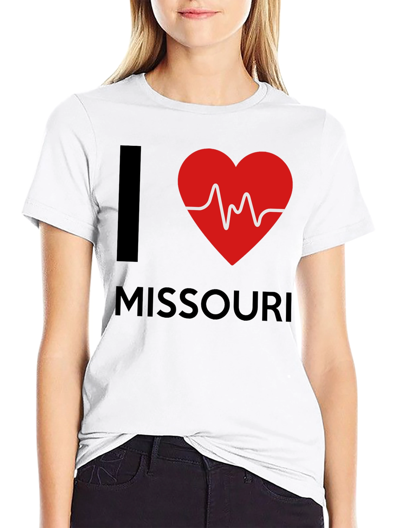 I Love Missouri T-Shirt Heartbeat Design Black Cotton Tee