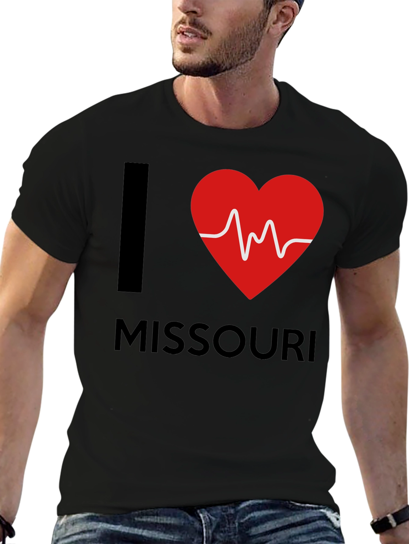 I Love Missouri T-Shirt Heartbeat Design Black Cotton Tee