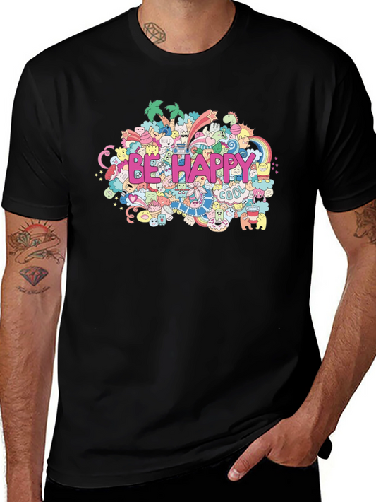 Be Happy Doodle Art Black T-Shirt