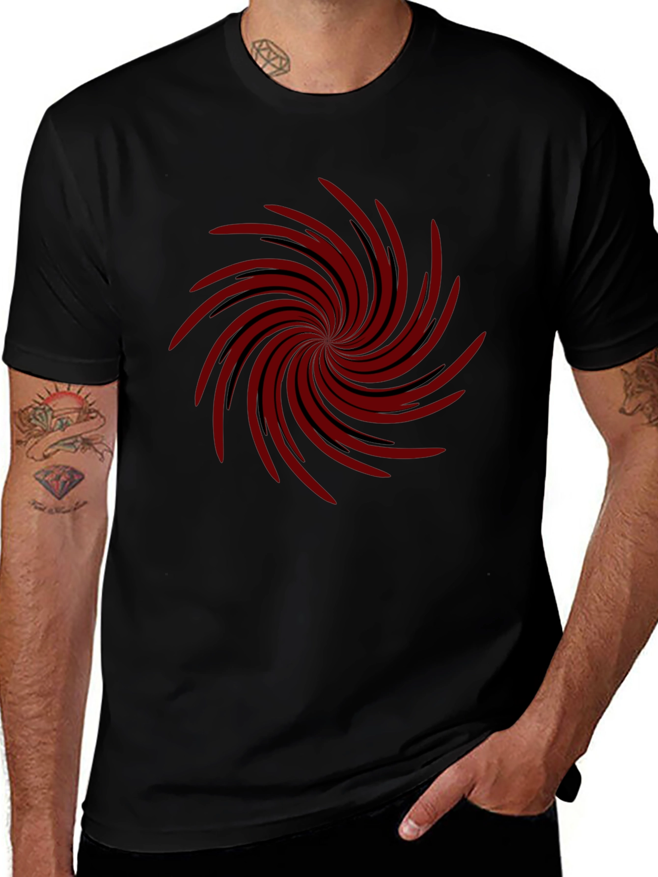 Mens Black T-shirt with Red Spiral Design