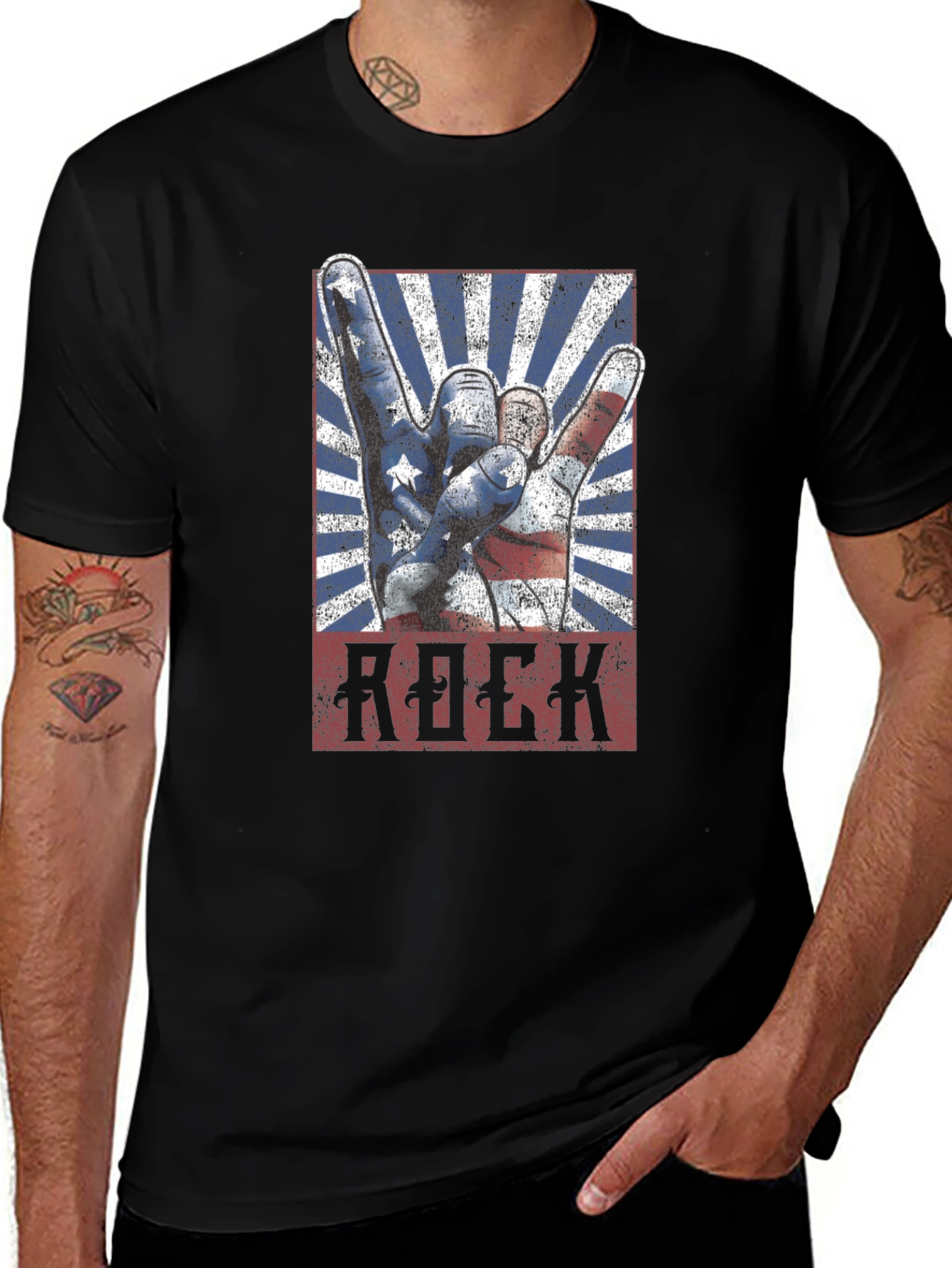 American Flag Rock Hand Gesture Graphic T-Shirt