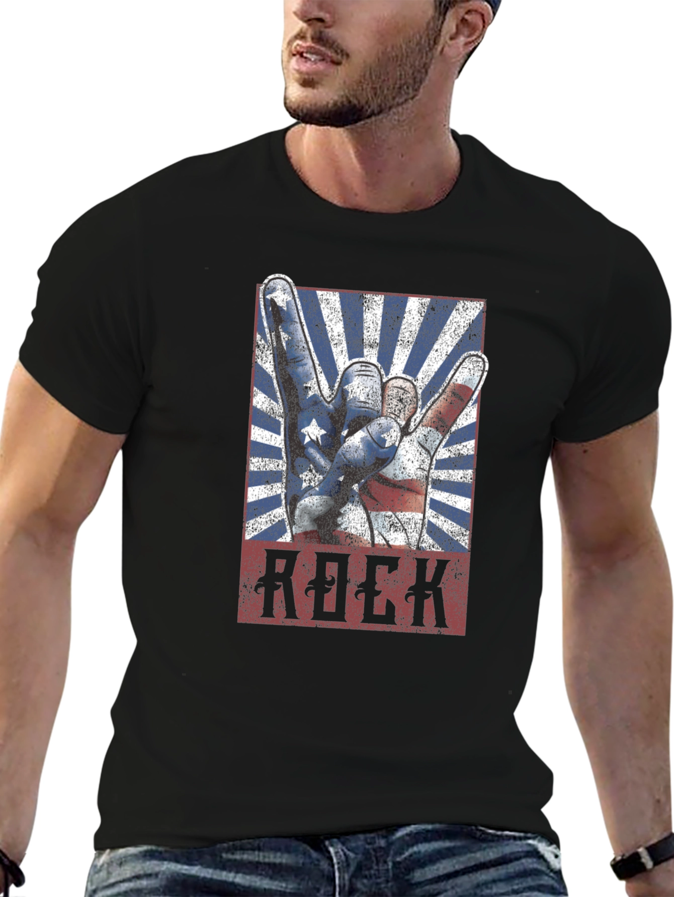 American Flag Rock Hand Gesture Graphic T-Shirt