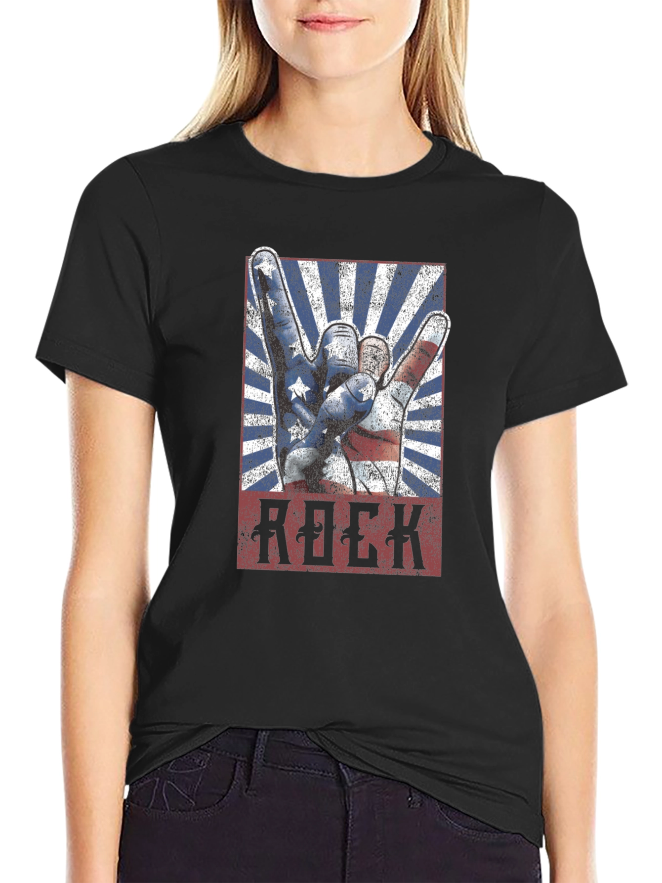 American Flag Rock Hand Gesture Graphic T-Shirt