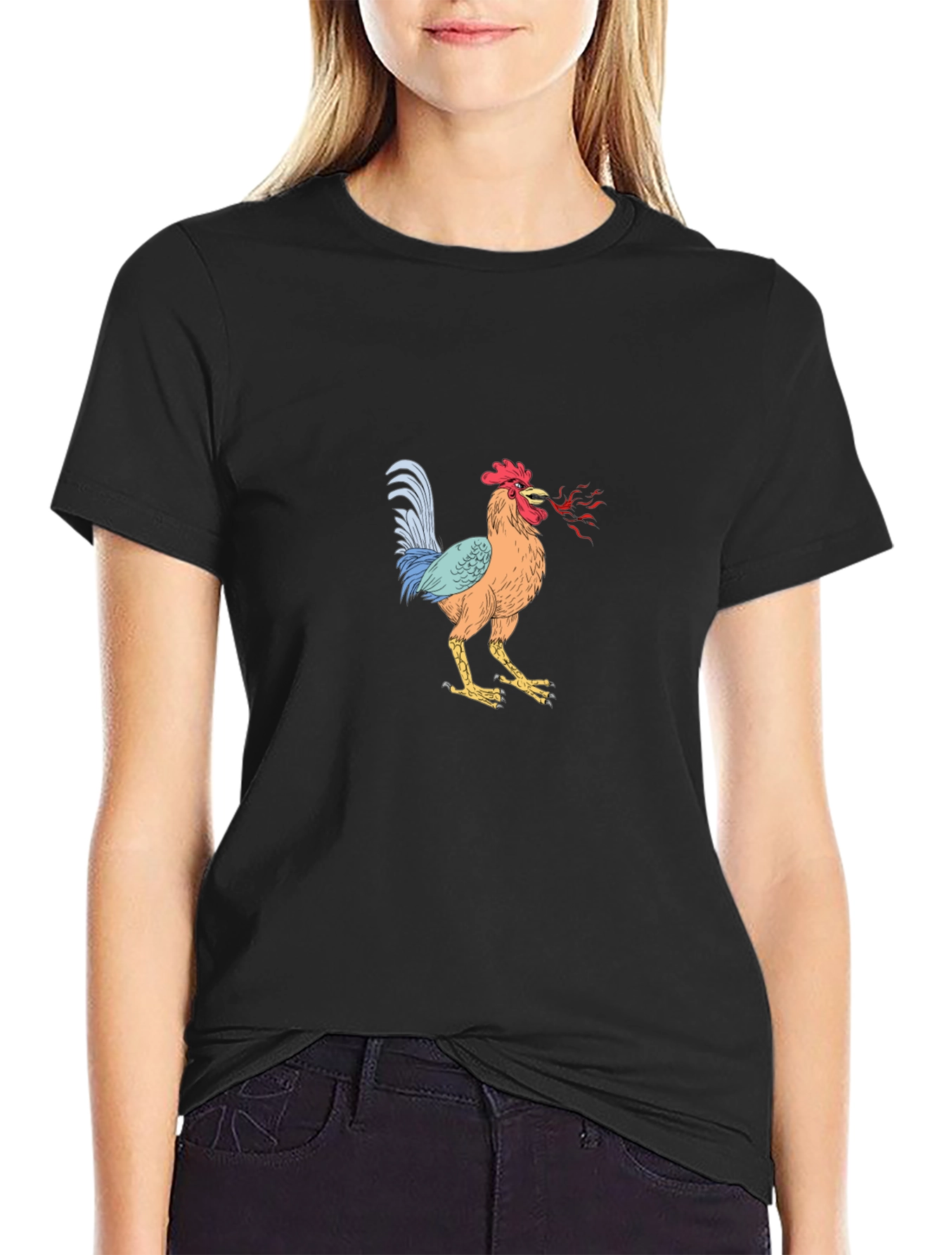 Mens Black T-Shirt with Rooster Graphic