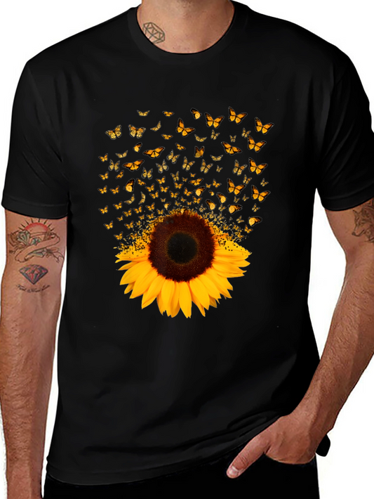 Sunflower Butterfly Graphic Black T-Shirt