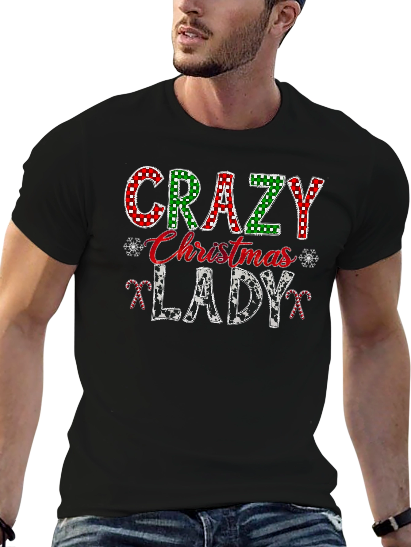 Crazy Christmas Lady Black Graphic T-Shirt