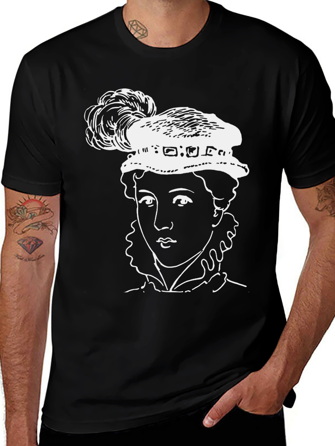 Black T-Shirt with Elizabethan Woman Graphic