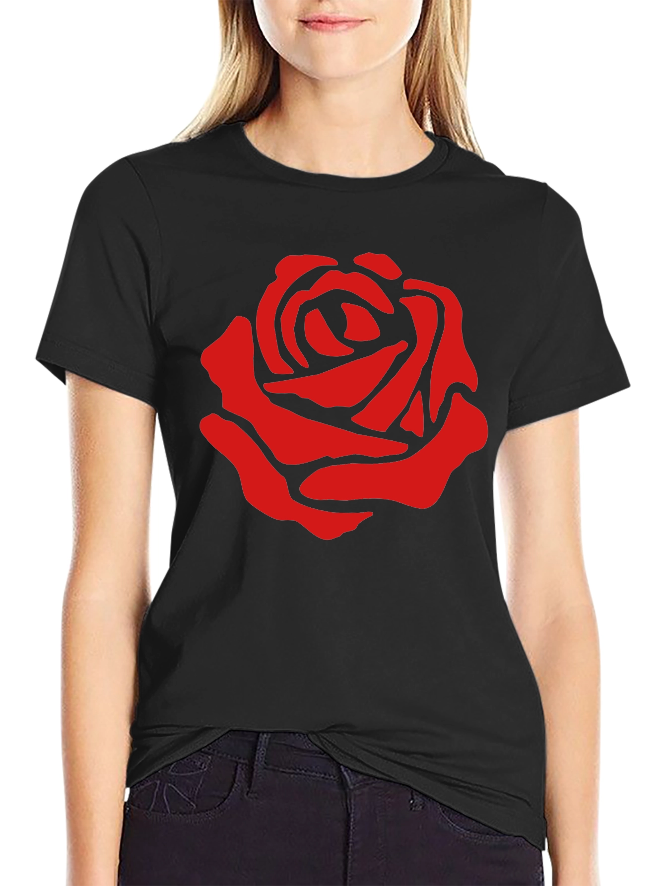 Red Rose Graphic Print Black T-Shirt