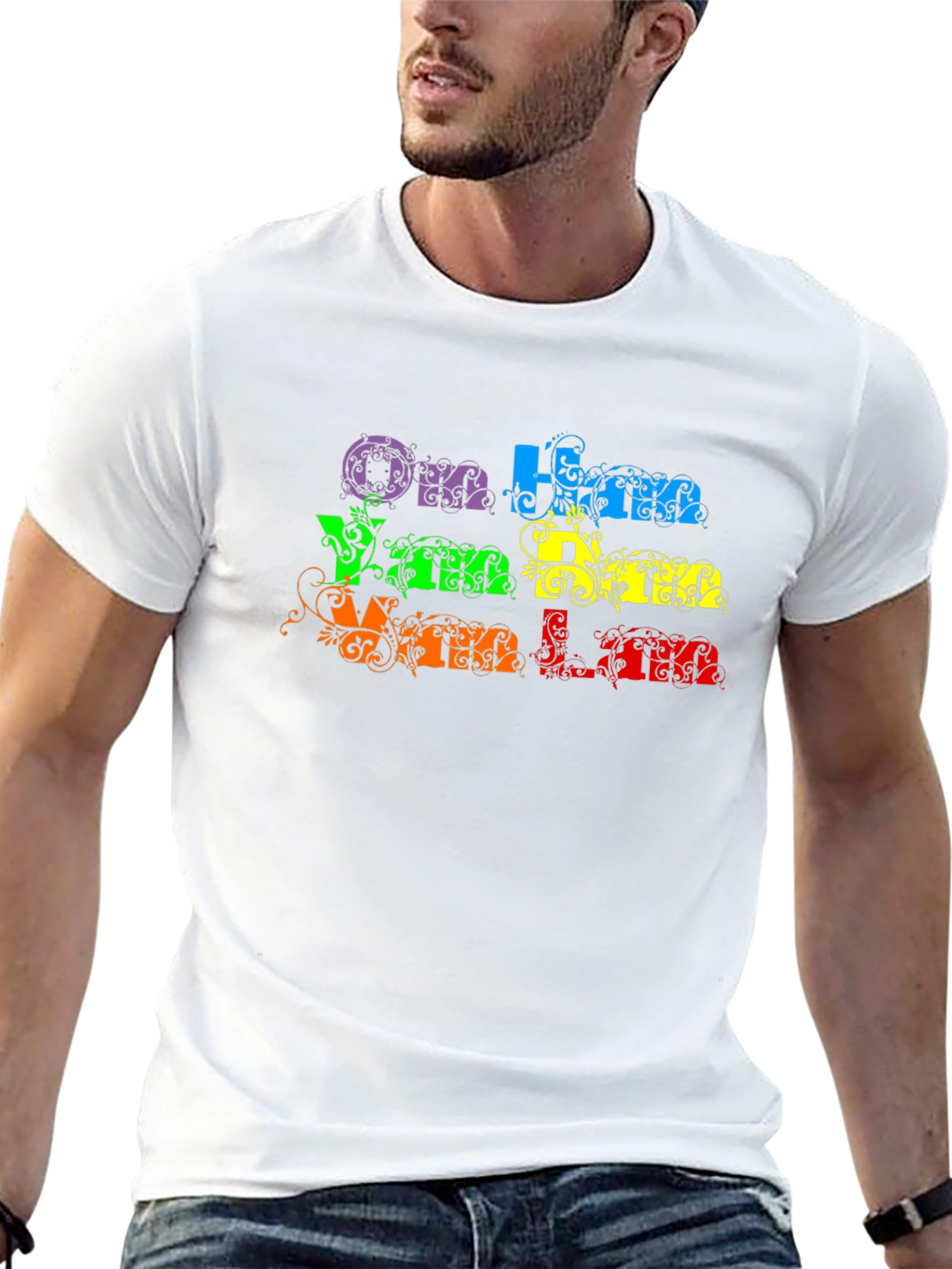 Om Ham Han Han T-Shirt - Black Rainbow Text