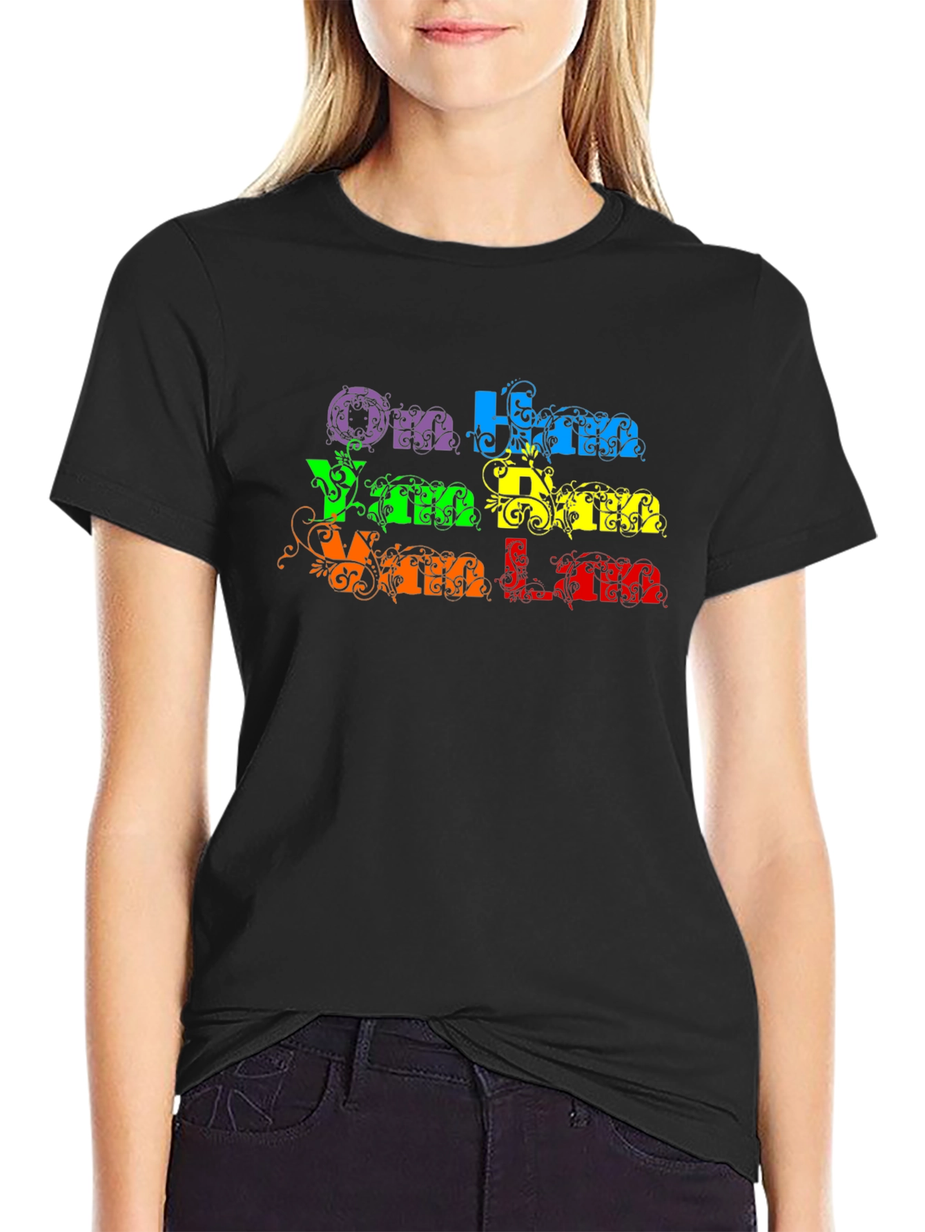 Om Ham Han Han T-Shirt - Black Rainbow Text