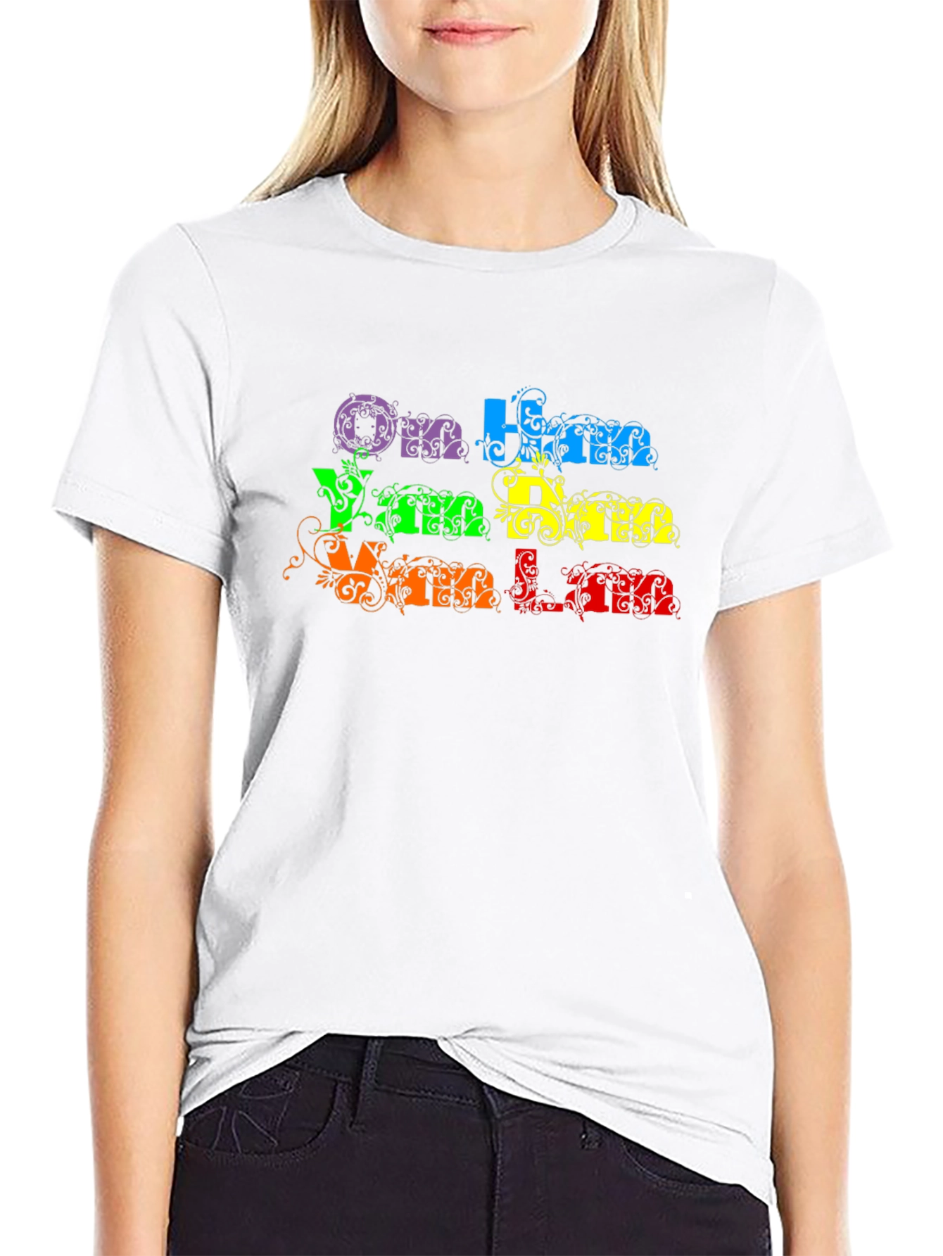 Om Ham Han Han T-Shirt - Black Rainbow Text