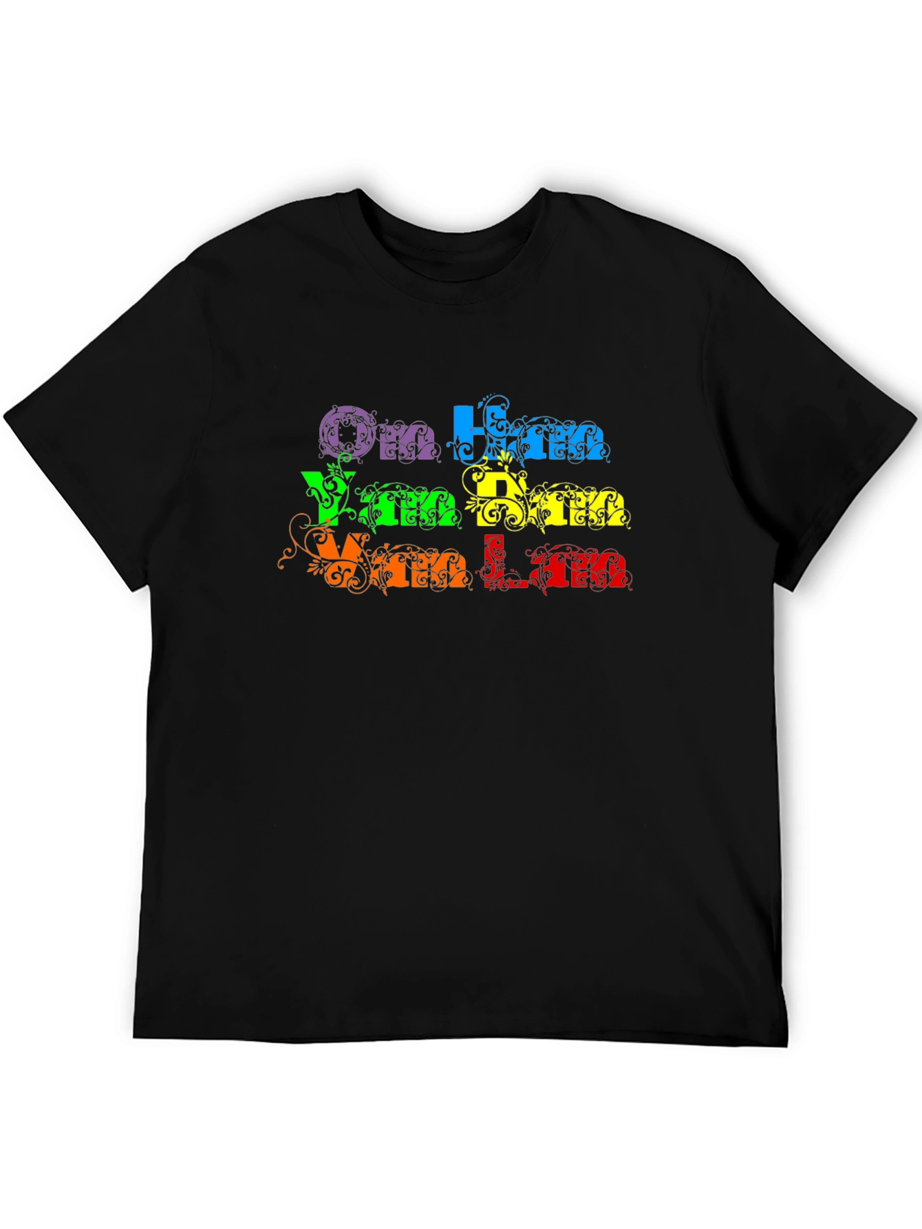 Om Ham Han Han T-Shirt - Black Rainbow Text