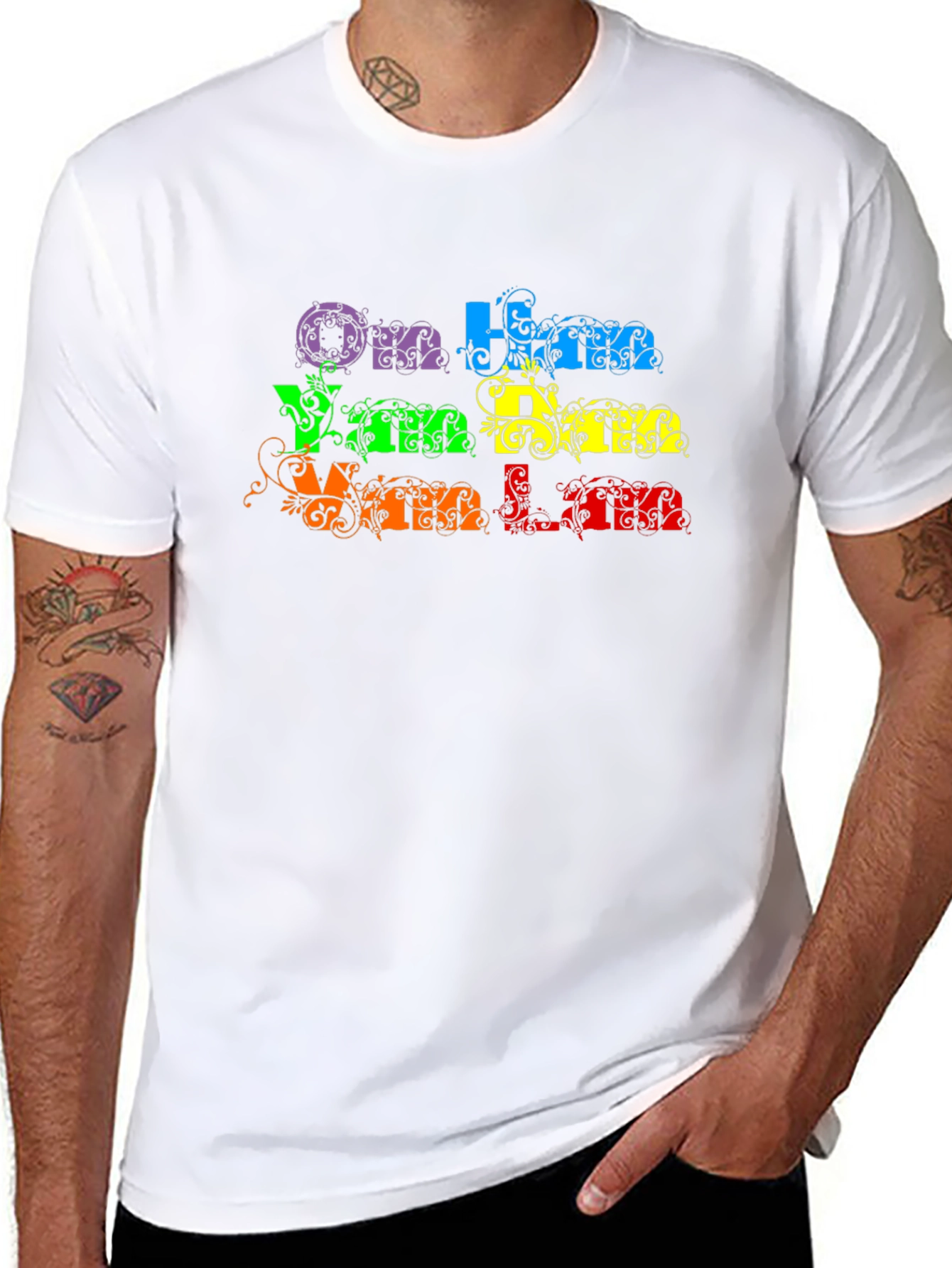 Om Ham Han Han T-Shirt - Black Rainbow Text