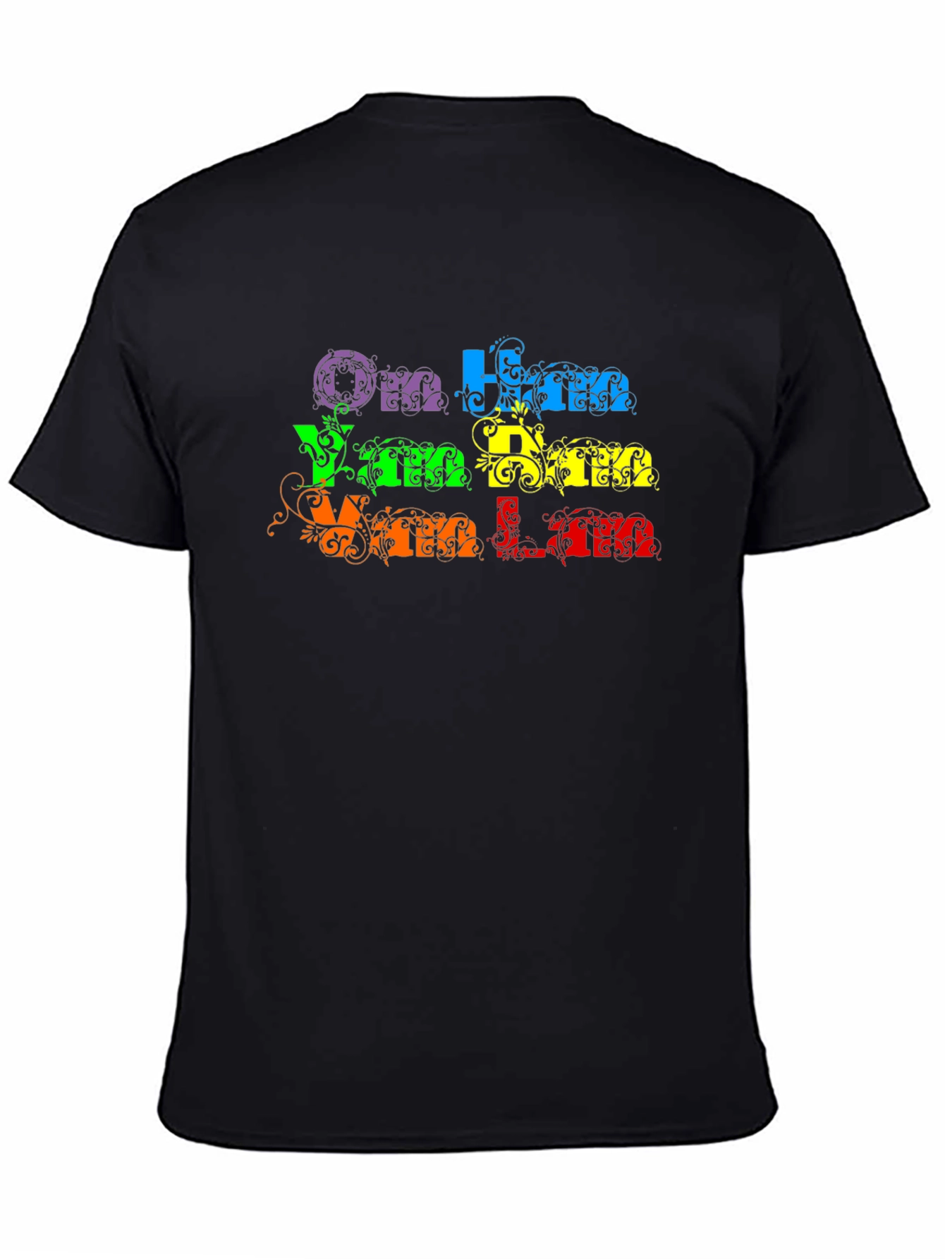 Om Ham Han Han T-Shirt - Black Rainbow Text