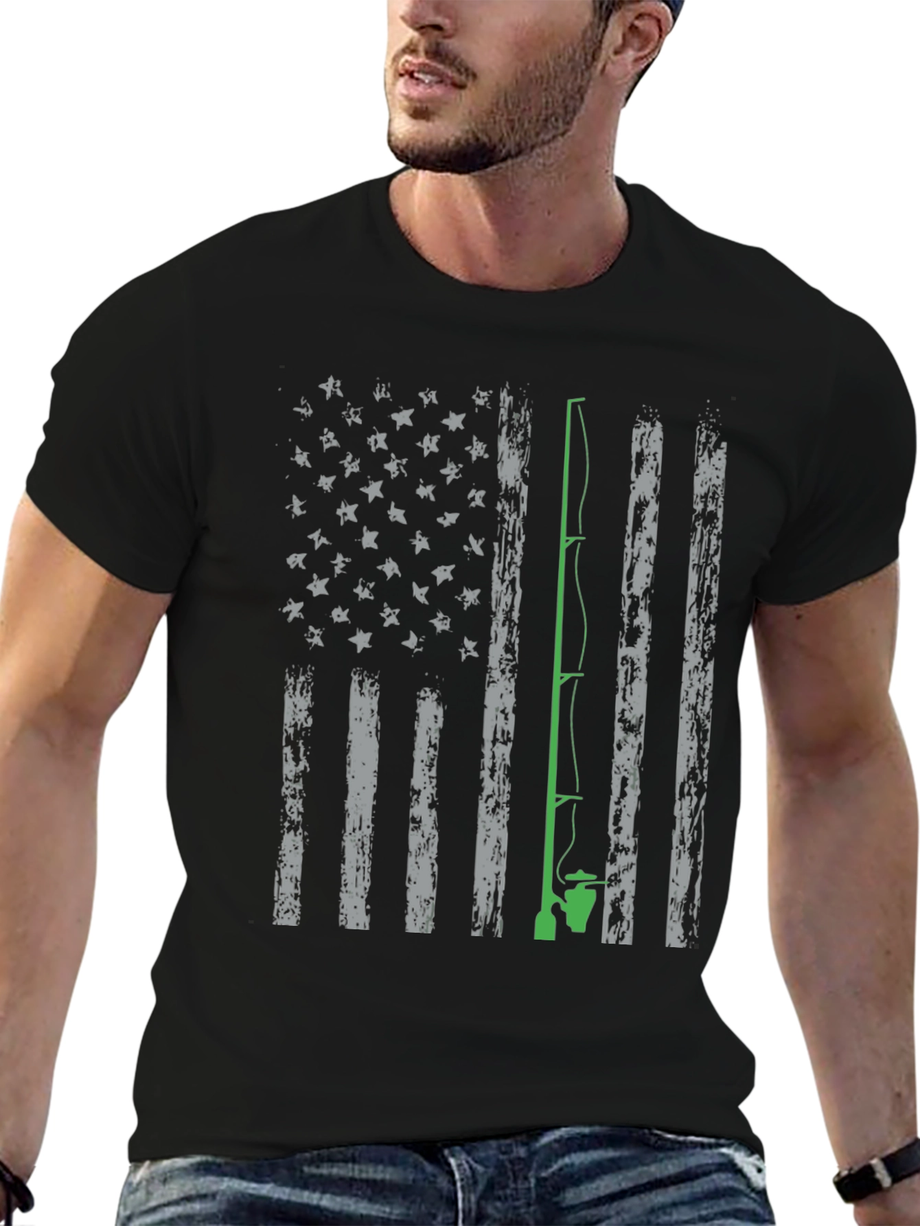 Fishing Rod American Flag Graphic T-Shirt