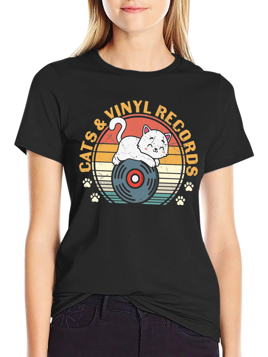 Cats & Vinyl Records T-Shirt - Music Lover Tee
