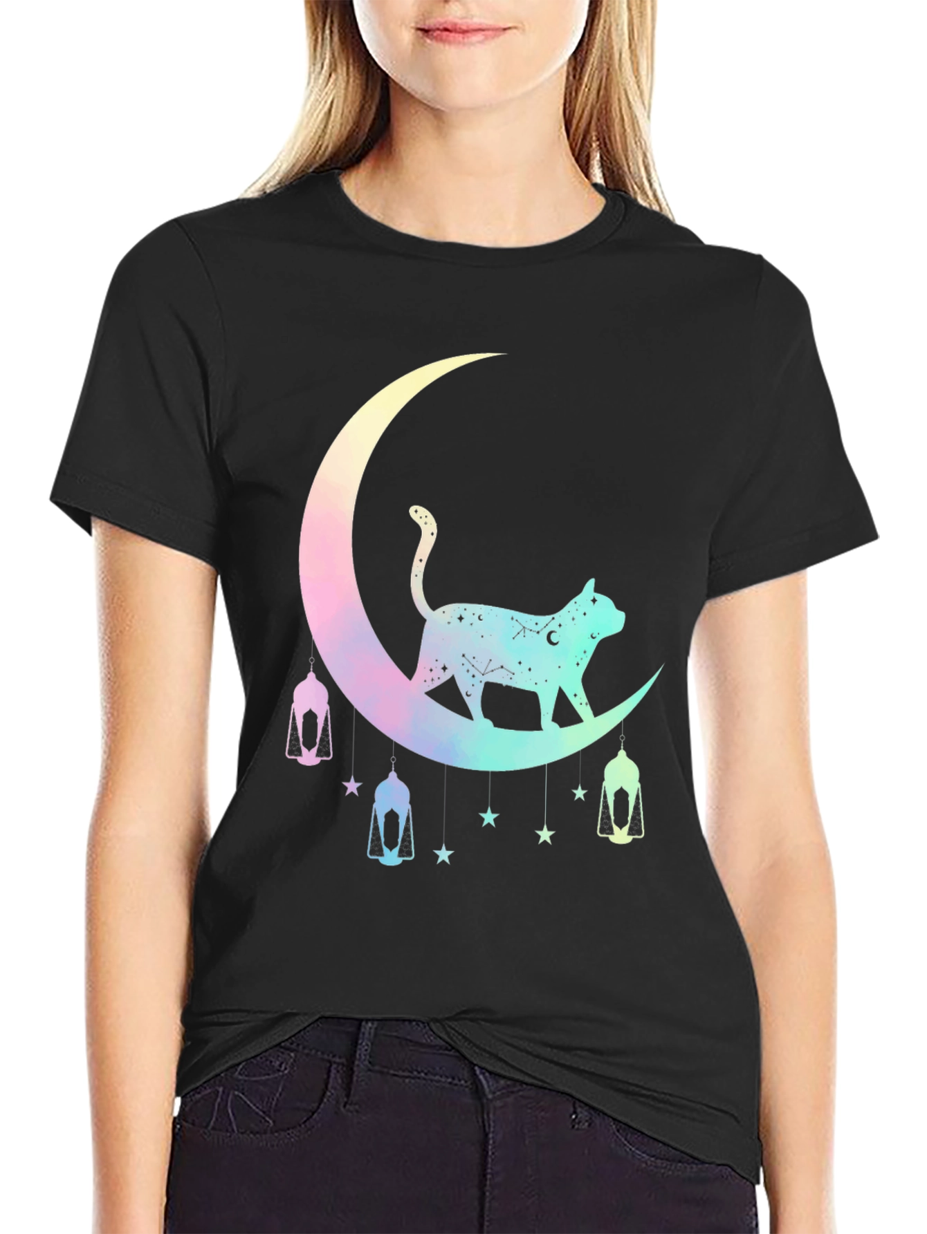 Celestial Cat Moon T-Shirt - Black