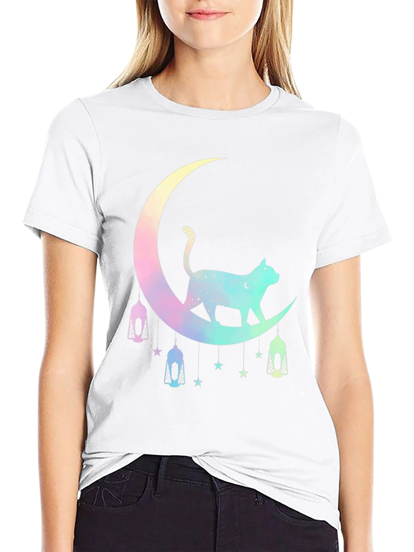 Celestial Cat Moon T-Shirt - Black