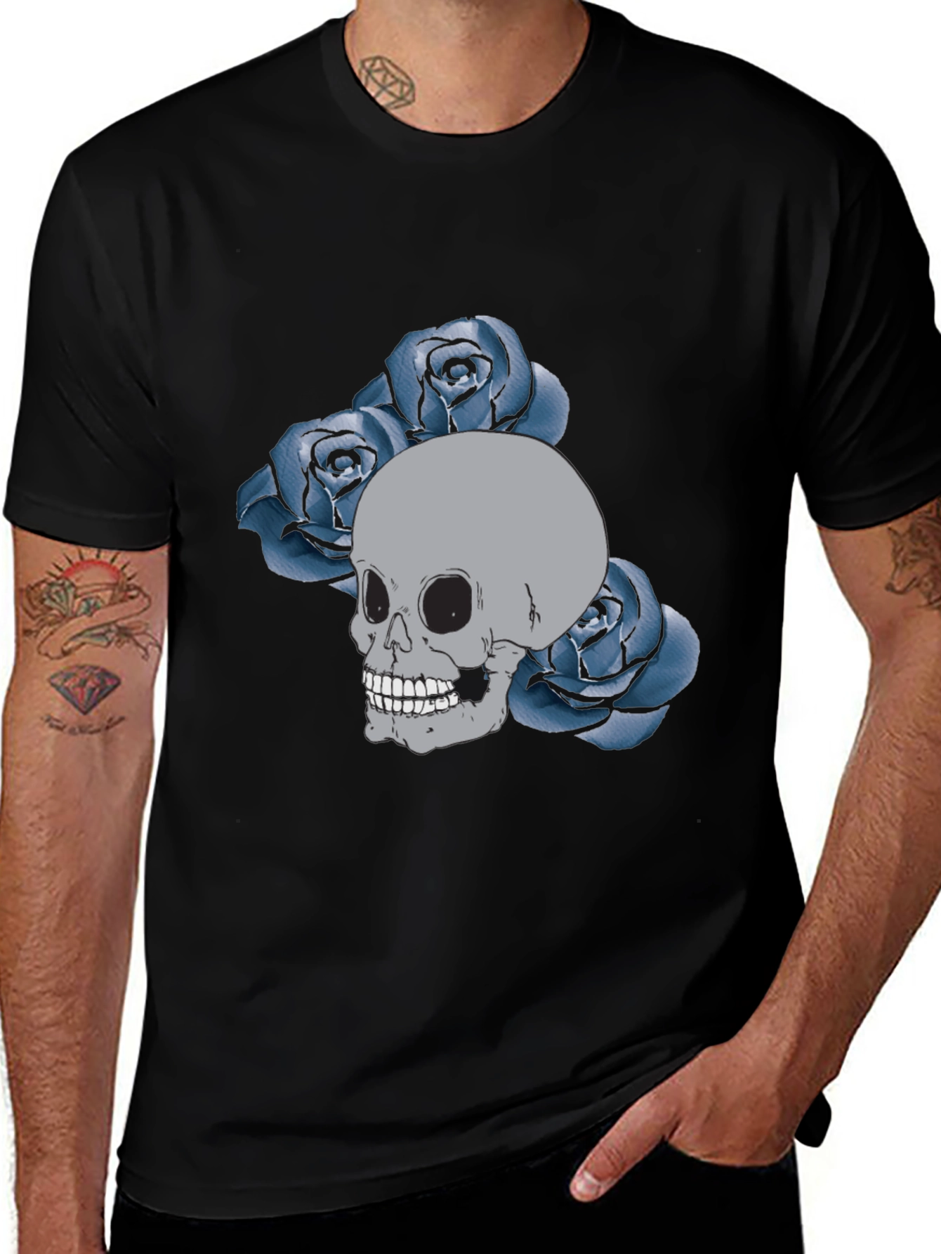 Skull & Roses Graphic Tee - Black Cotton Casual