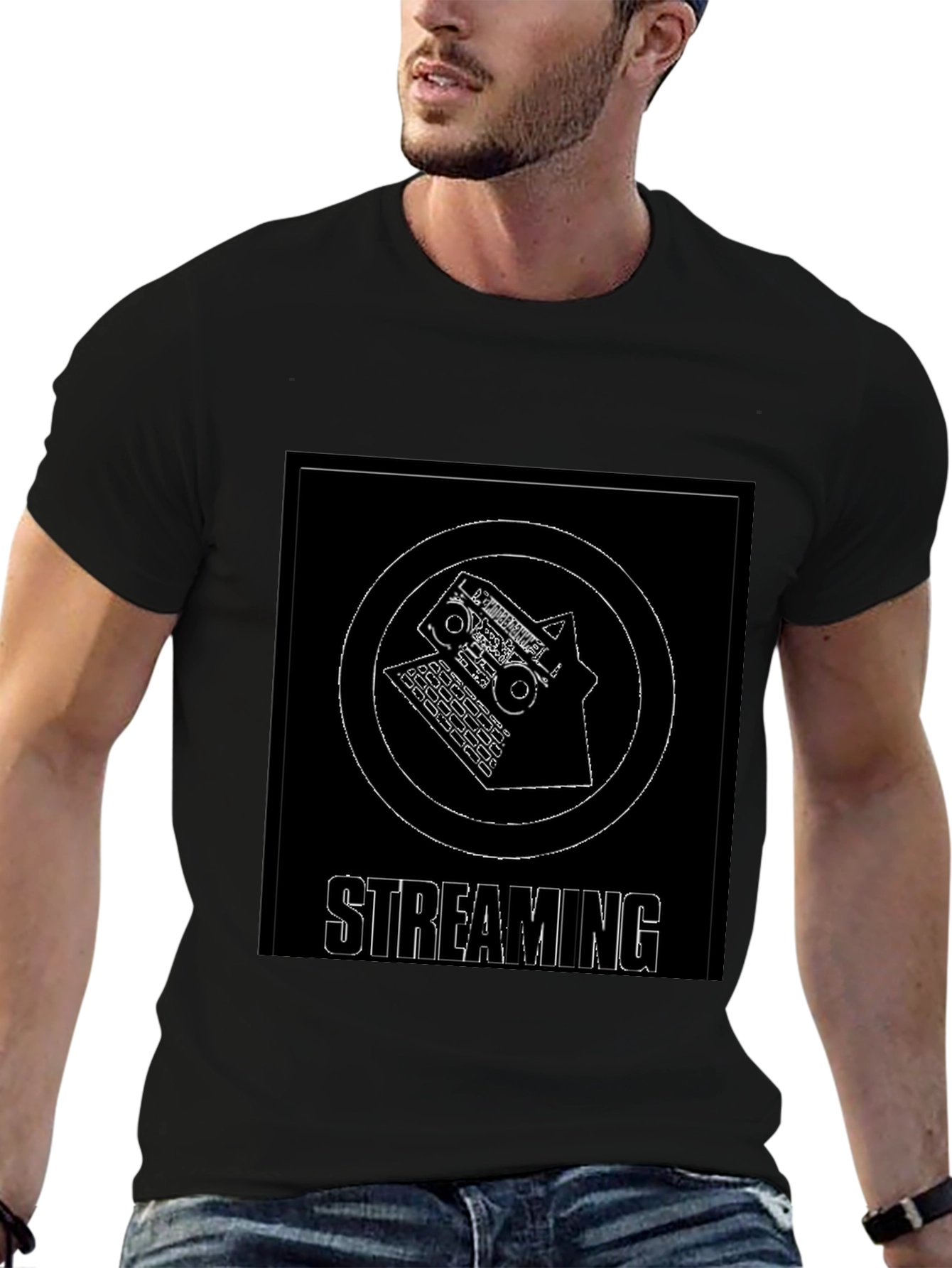 Streaming Graphic Tee - Black Cotton Casual T-Shirt