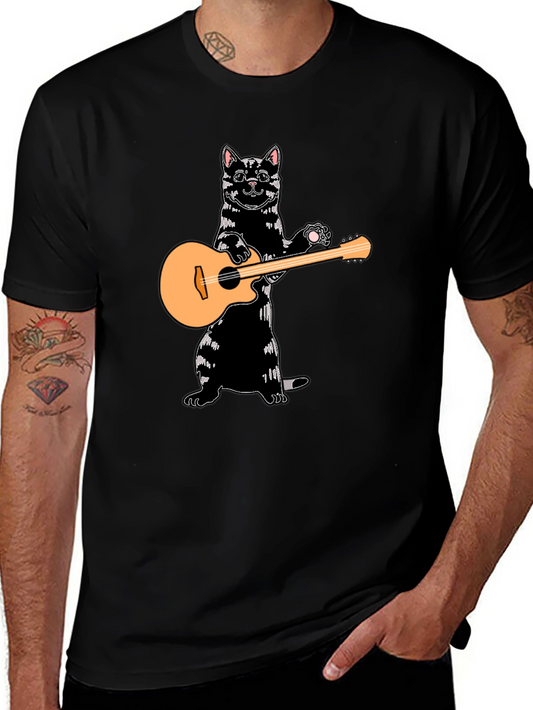 Cat Playing Guitar Black T-Shirt
