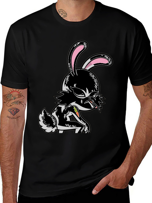 Edgy Cartoon Bunny Graphic Tee - Black Cotton T-Shirt