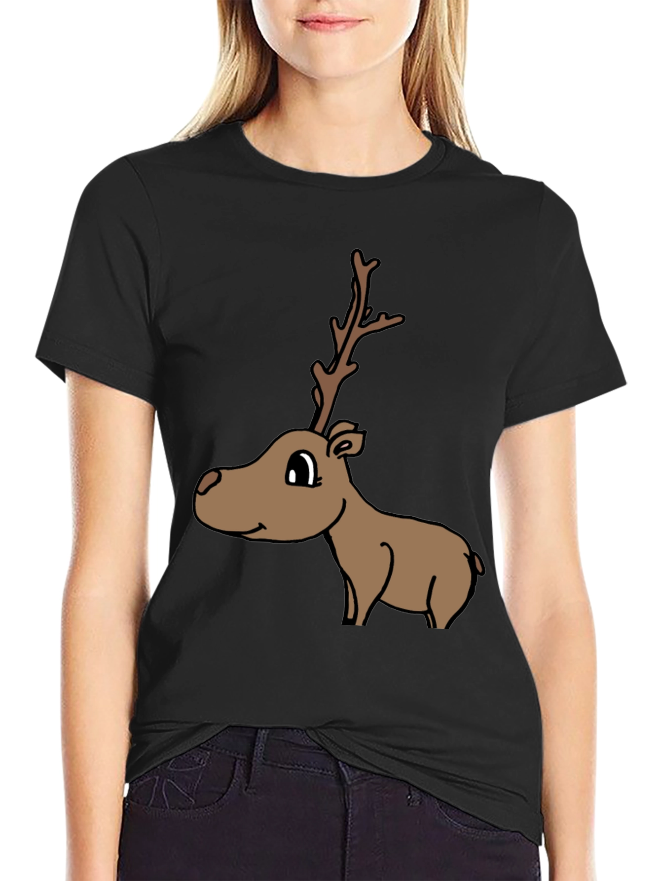 Cartoon Reindeer Graphic Tee - Black
