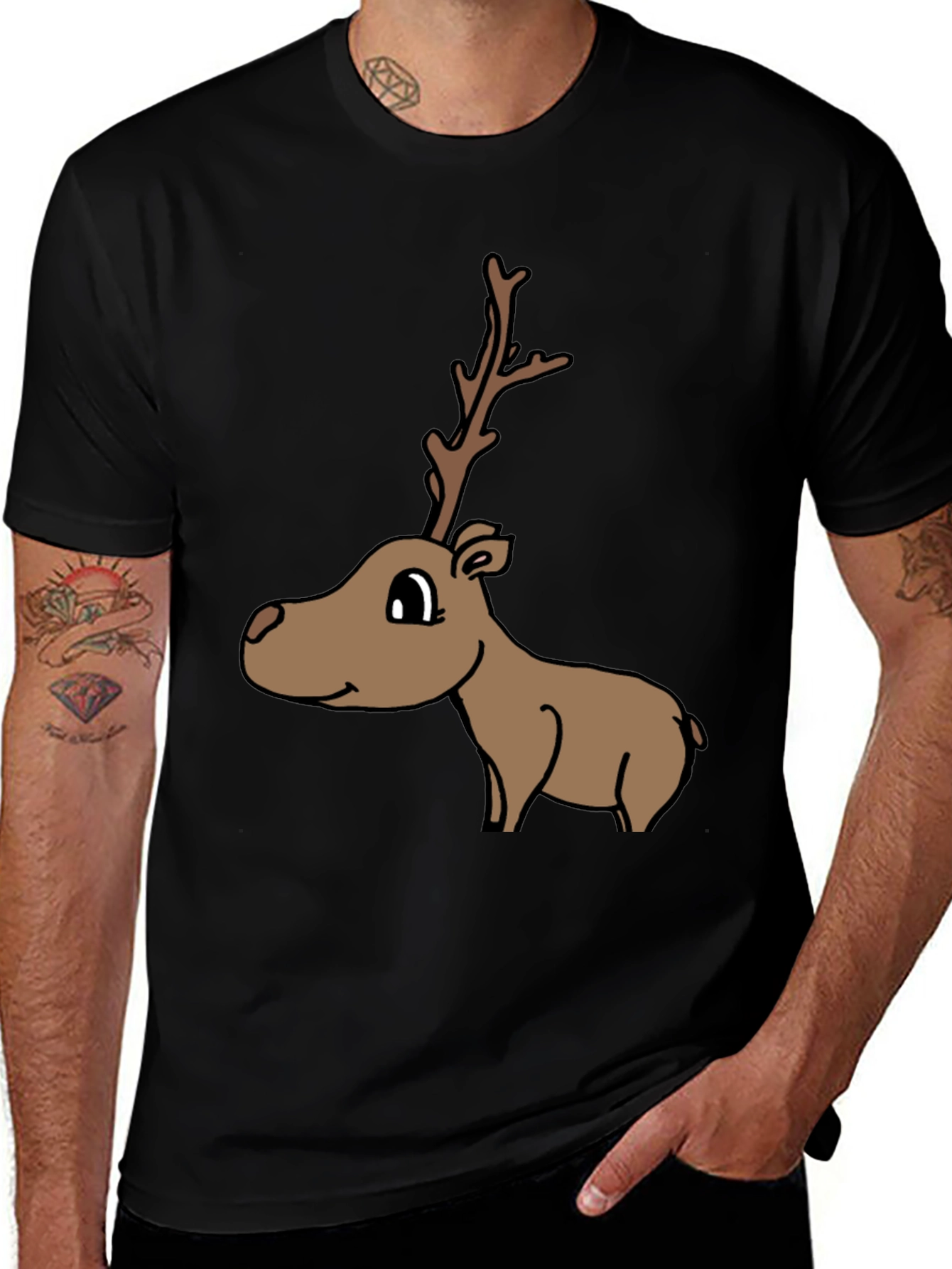Cartoon Reindeer Graphic Tee - Black
