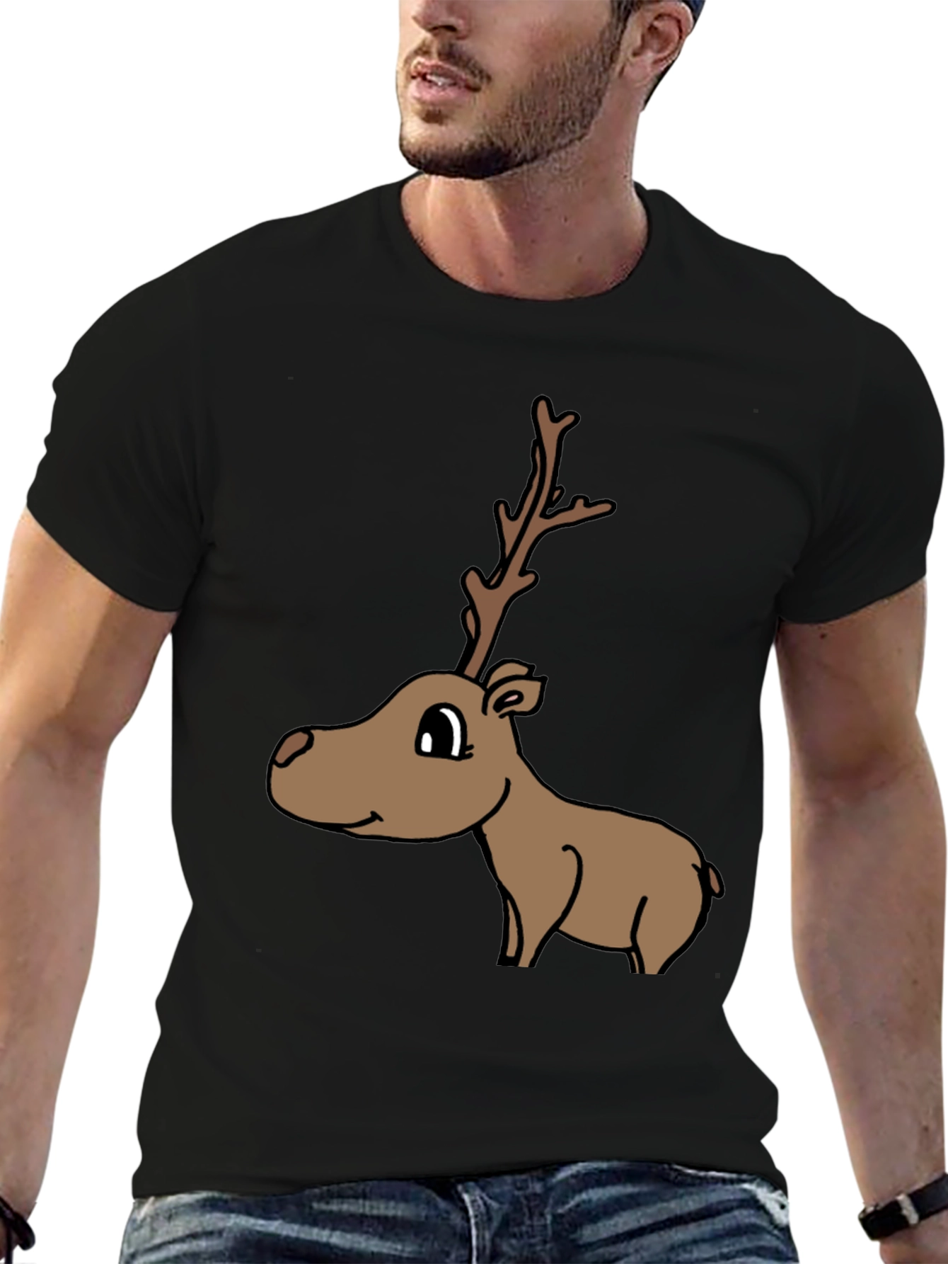 Cartoon Reindeer Graphic Tee - Black