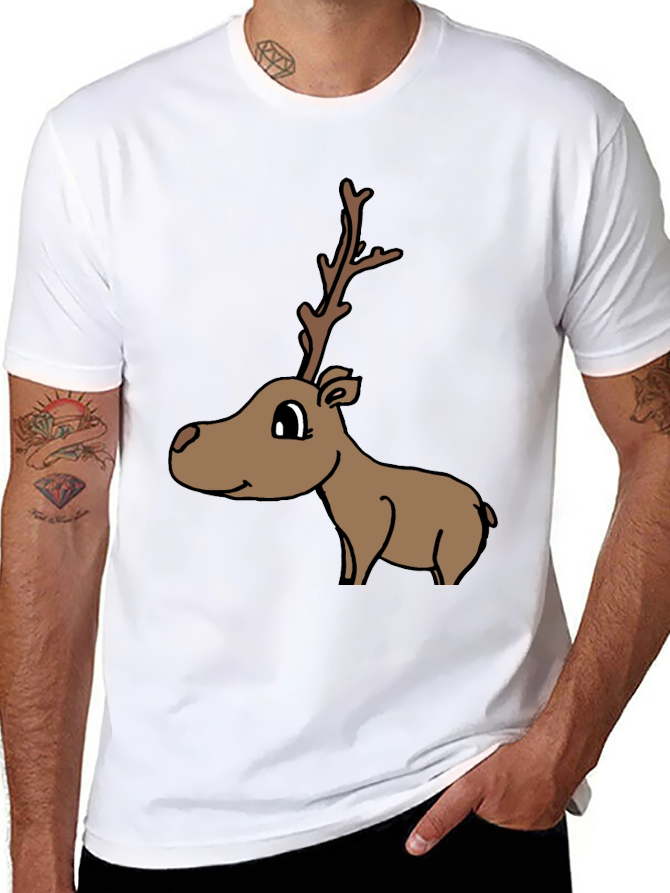 Cartoon Reindeer Graphic Tee - Black