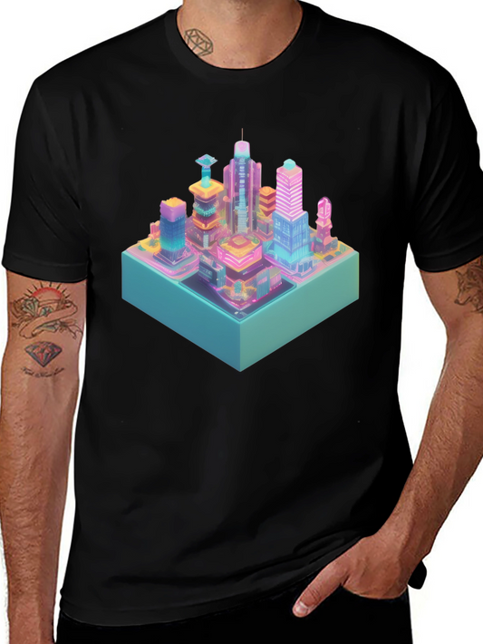 Cyberpunk City T-Shirt - Isometric Neon Design