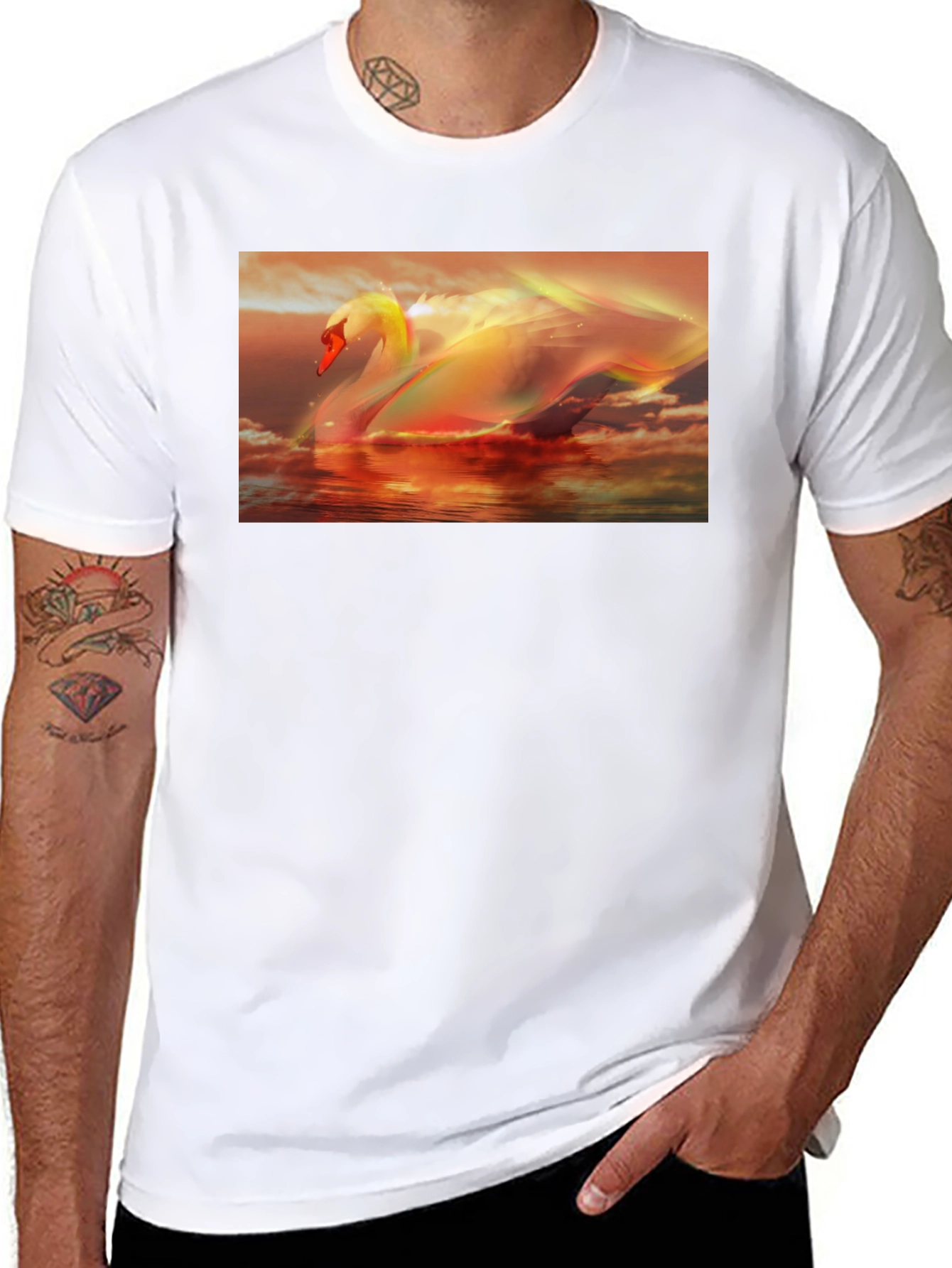 Swan Sunset Graphic Tee - Black Cotton T-Shirt