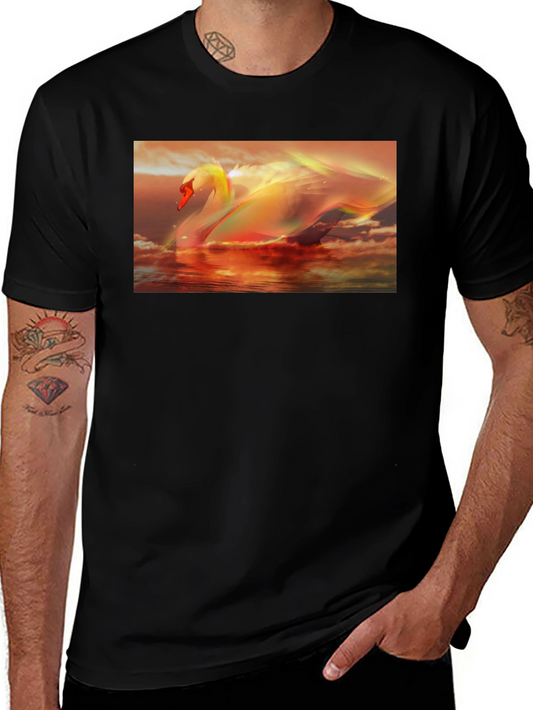 Swan Sunset Graphic Tee - Black Cotton T-Shirt