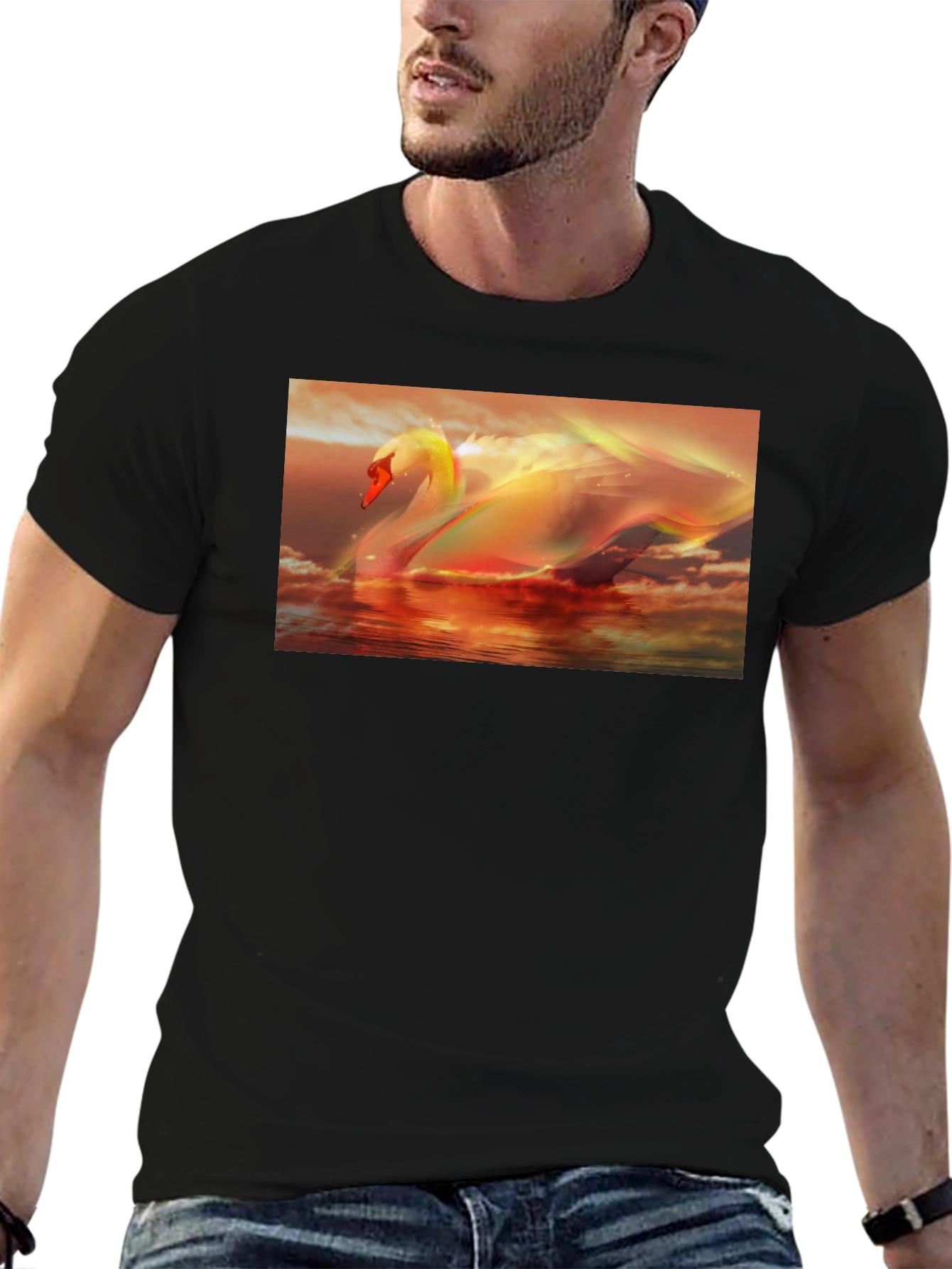 Swan Sunset Graphic Tee - Black Cotton T-Shirt