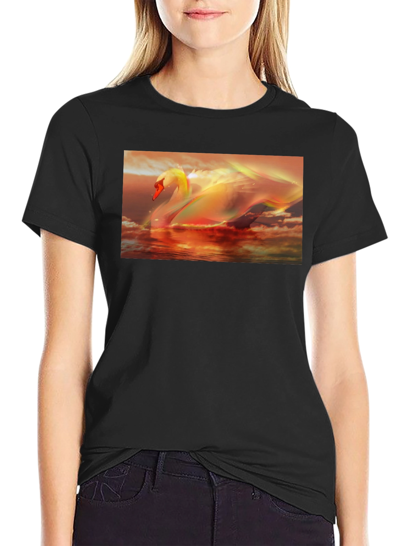 Swan Sunset Graphic Tee - Black Cotton T-Shirt