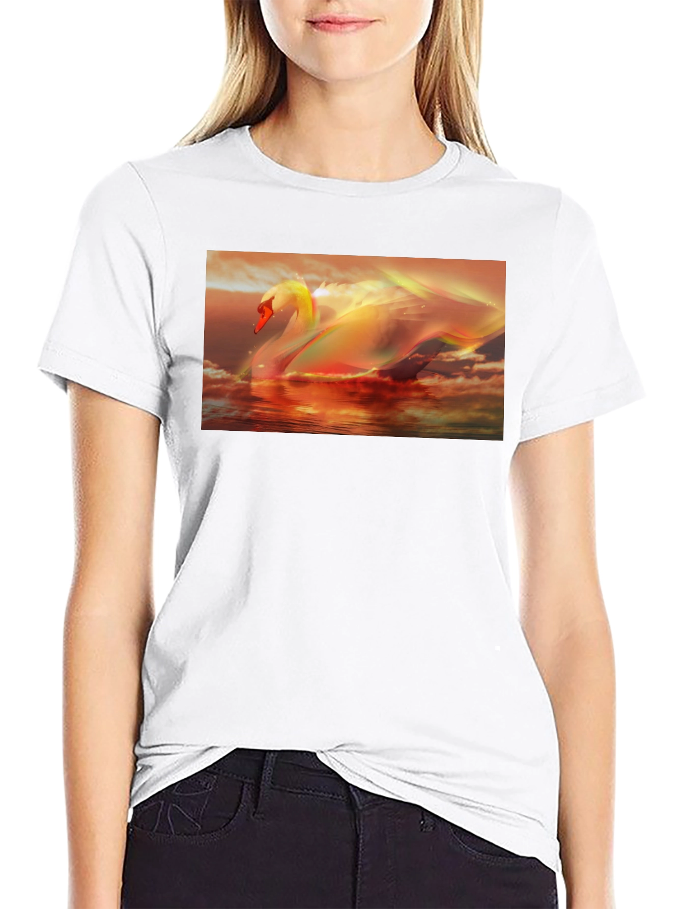Swan Sunset Graphic Tee - Black Cotton T-Shirt