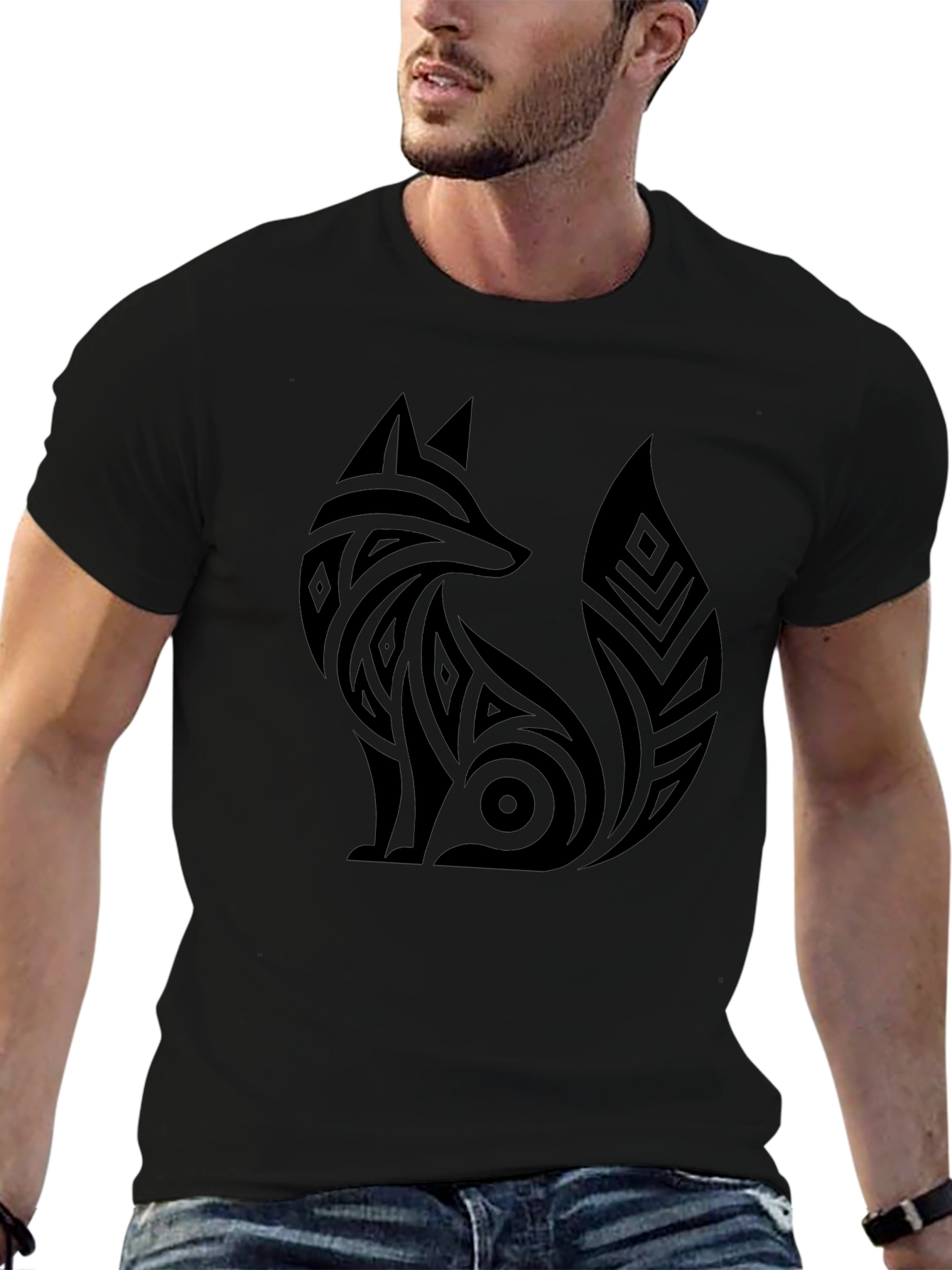 Tribal Fox Graphic Tee - Black Cotton T-Shirt