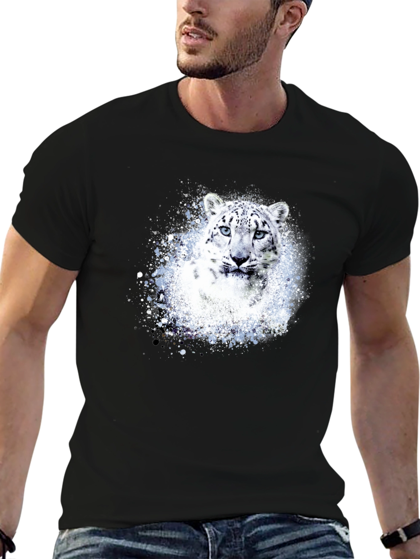 Snow Leopard Graphic Print Black T-Shirt