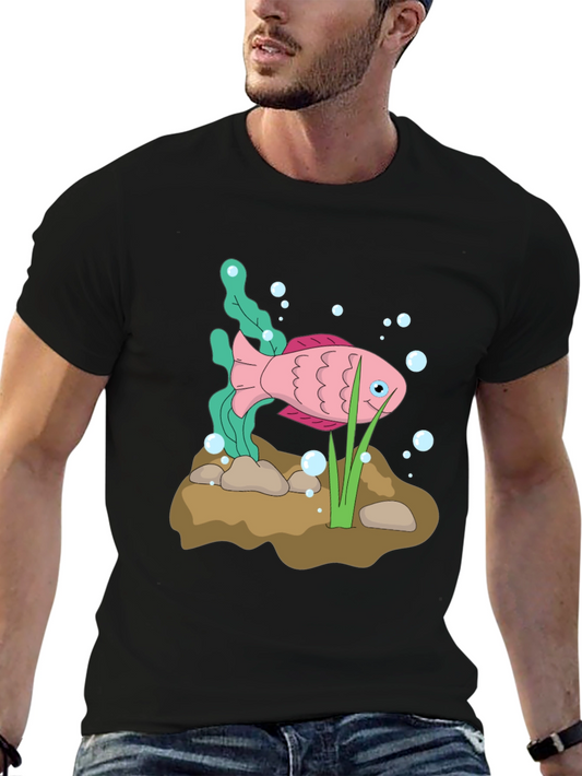 Pink Cartoon Fish Graphic Black T-Shirt