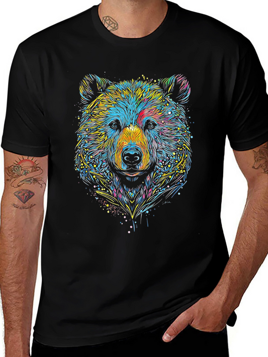 Colorful Bear Graphic Print Black T-Shirt