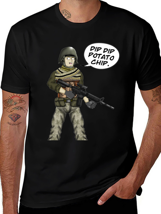 Funny Cartoon Soldier Dip Dip Potato Chip Black T-Shirt